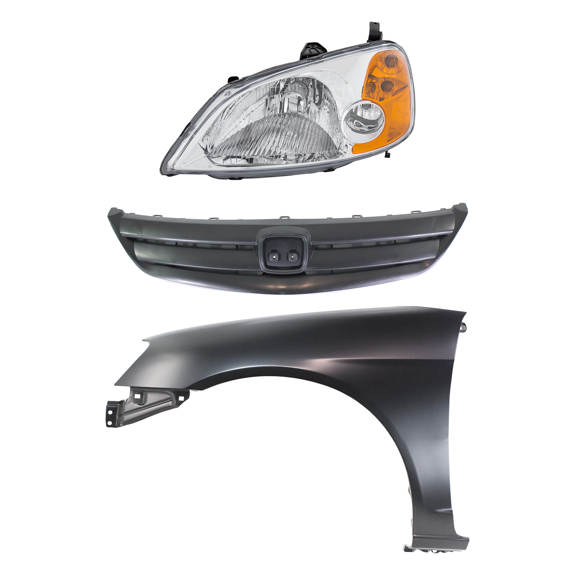 AM CIVIC 01-03 HEAD LAMP LH Assembly Halogen 3 pc Kit with Fender and Grille SKU KIT 030323-9102 Partslink HO1240153 HO1200155 OEM 33151S5AA01 PFM 60261S5DA90ZZ