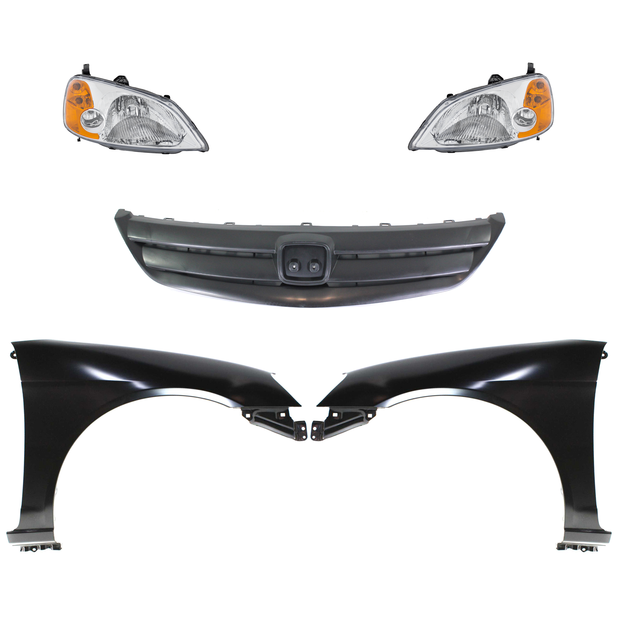 AM CIVIC 01-03 HEAD LAMP RH AND LH Assembly Halogen 5 pc Kit with Fenders and Grille SKU KIT 030323-91 Partslink HO1240153 HO1241153 HO1200155 OEM 33151S5AA01 PFM 33101S5AA01 PF