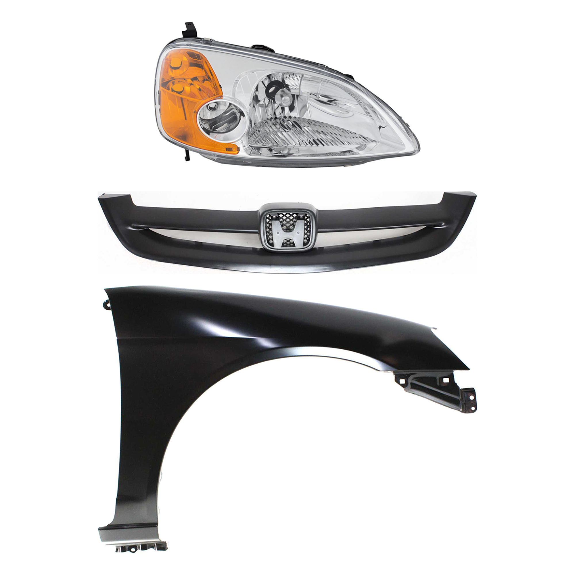 AM CIVIC 01-03 HEAD LAMP RH Lens and Housing Halogen 3 pc Kit with Fender and Grille SKU KIT 030323-9201 Partslink HO2519102 HO1241153 HO1200153 OEM 33101S5PA01-60211S5DA90ZZ 7112
