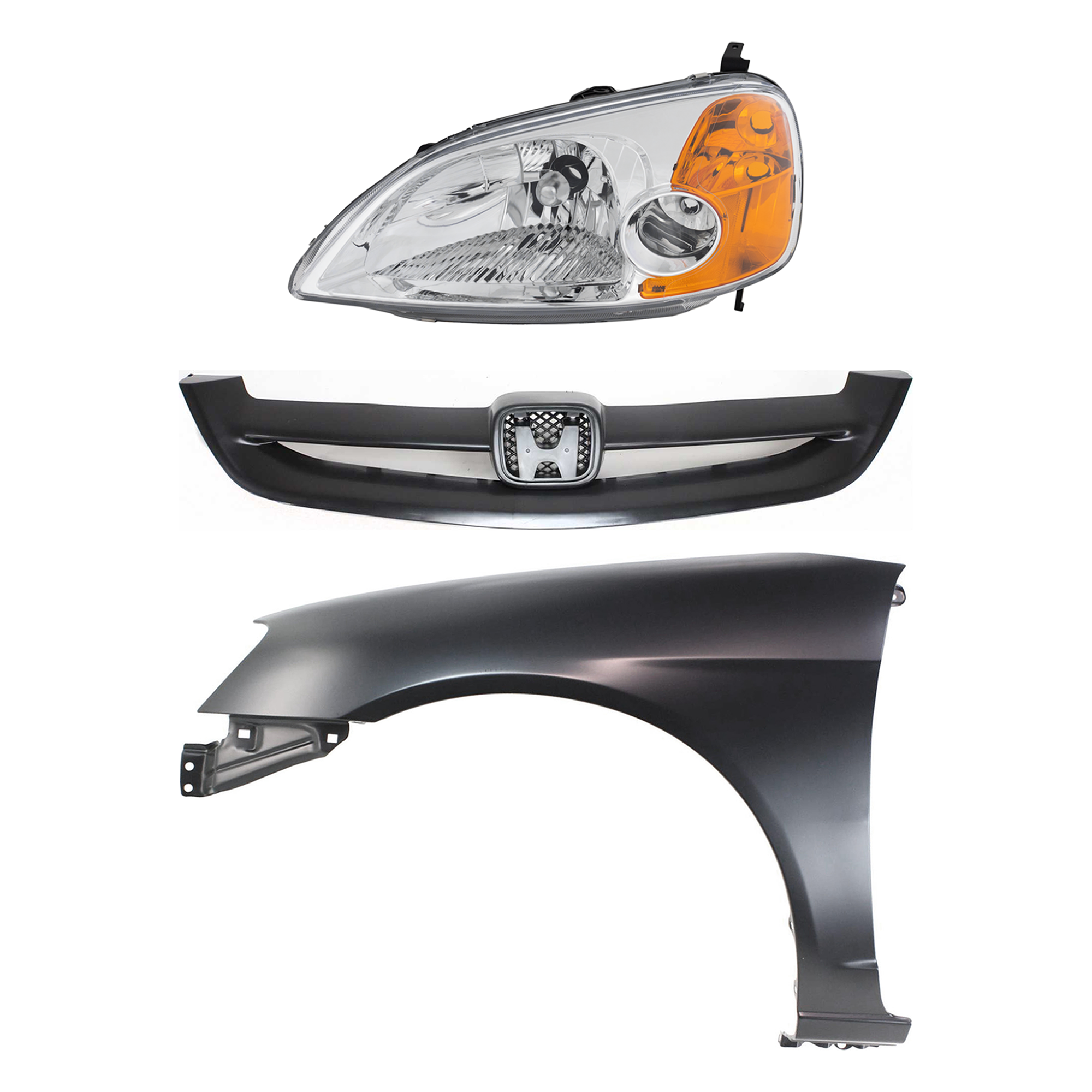 AM CIVIC 01-03 HEAD LAMP LH Lens and Housing Halogen 3 pc Kit with Fender and Grille SKU KIT 030323-9202 Partslink HO2518102 HO1240153 HO1200153 OEM 33151S5PA01-60261S5DA90ZZ 7112