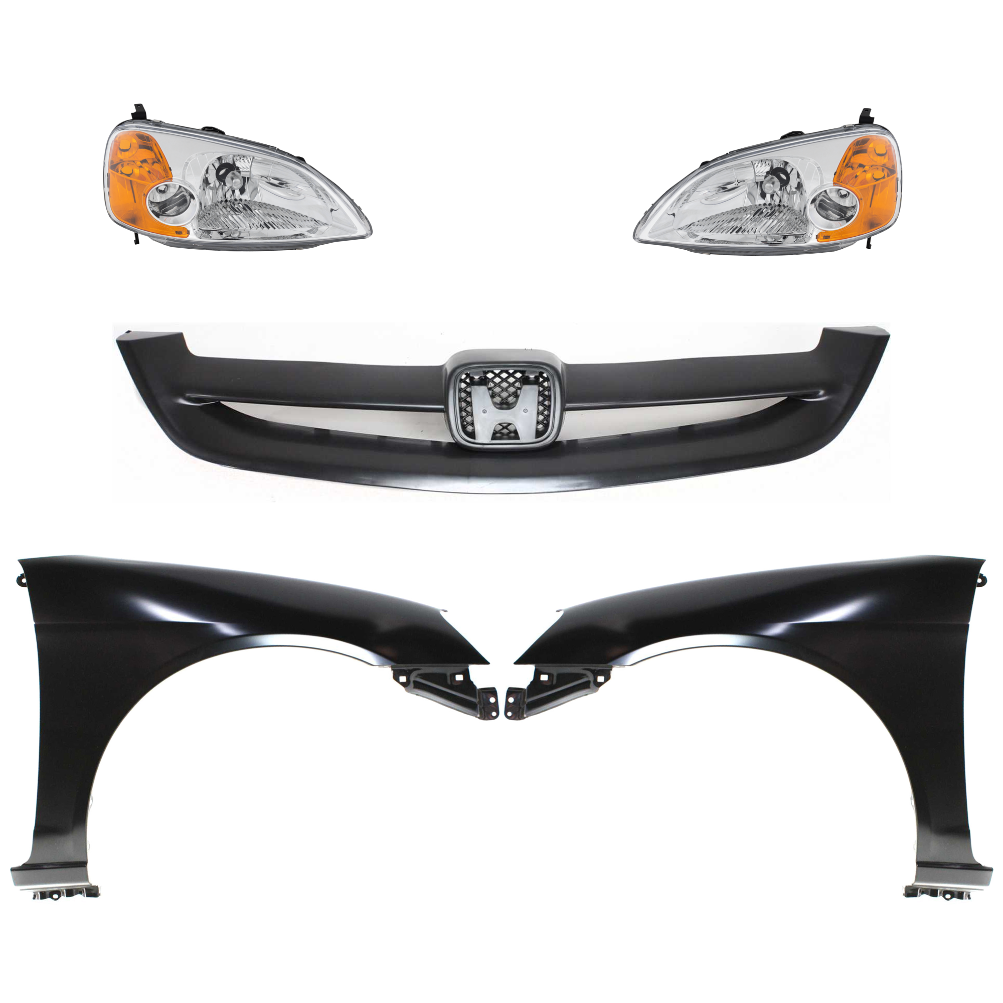 AM CIVIC 01-03 HEAD LAMP RH AND LH Lens and Housing Halogen 5 pc Kit with Fenders and Grille SKU KIT 030323-92 Partslink HO2519102 HO2518102 HO1240153 HO1241153 HO1200153 OEM 33101S5PA01-33151S5PA01-60261S