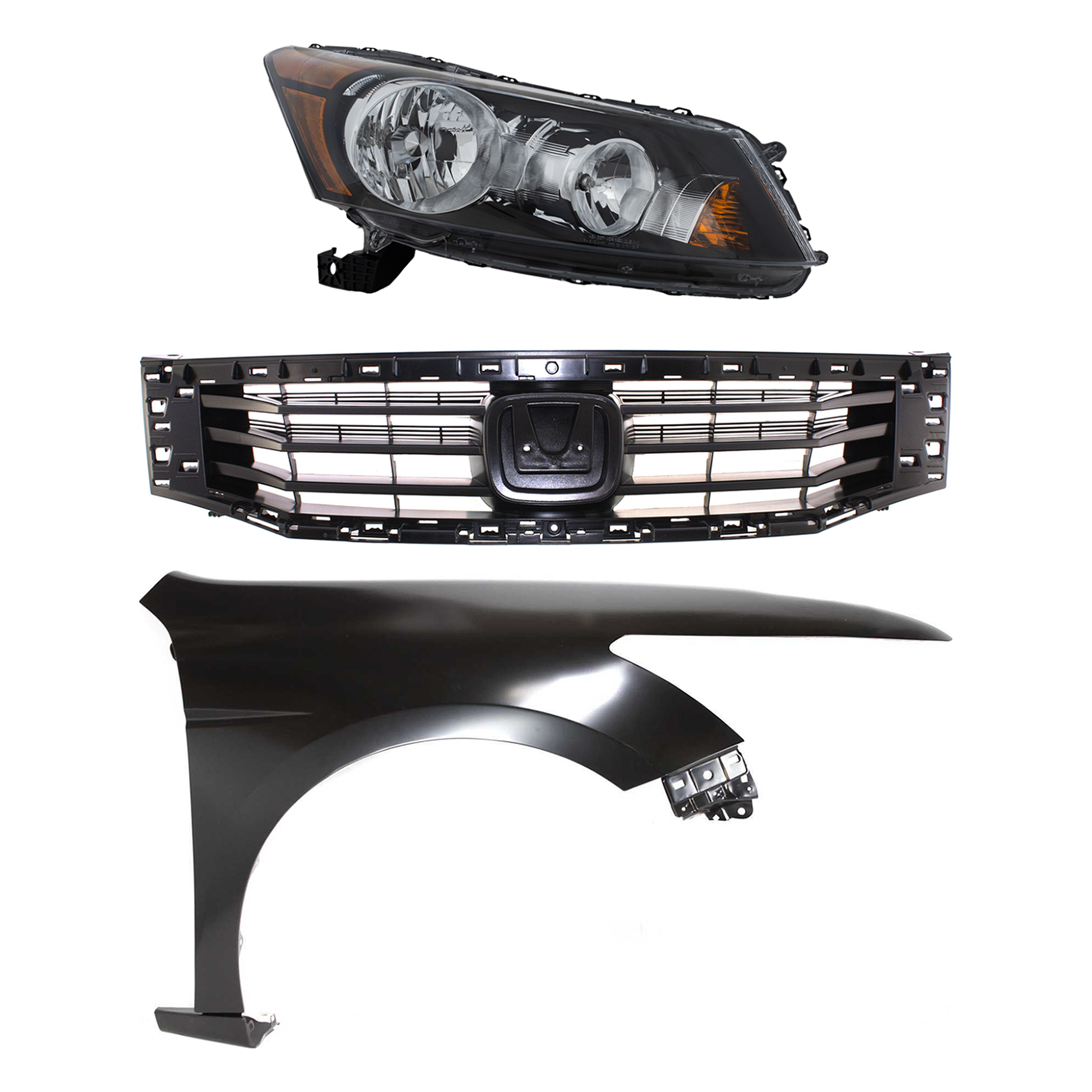 AM ACCORD 08-10 HEAD LAMP RH Assembly Halogen 3 pc Kit with Fender and Grille Insert SKU KIT 030323-9401 Partslink HO2503130 HO1241173 HO1200189 OEM 33100TA0A01-60210TA0A91ZZ 7112