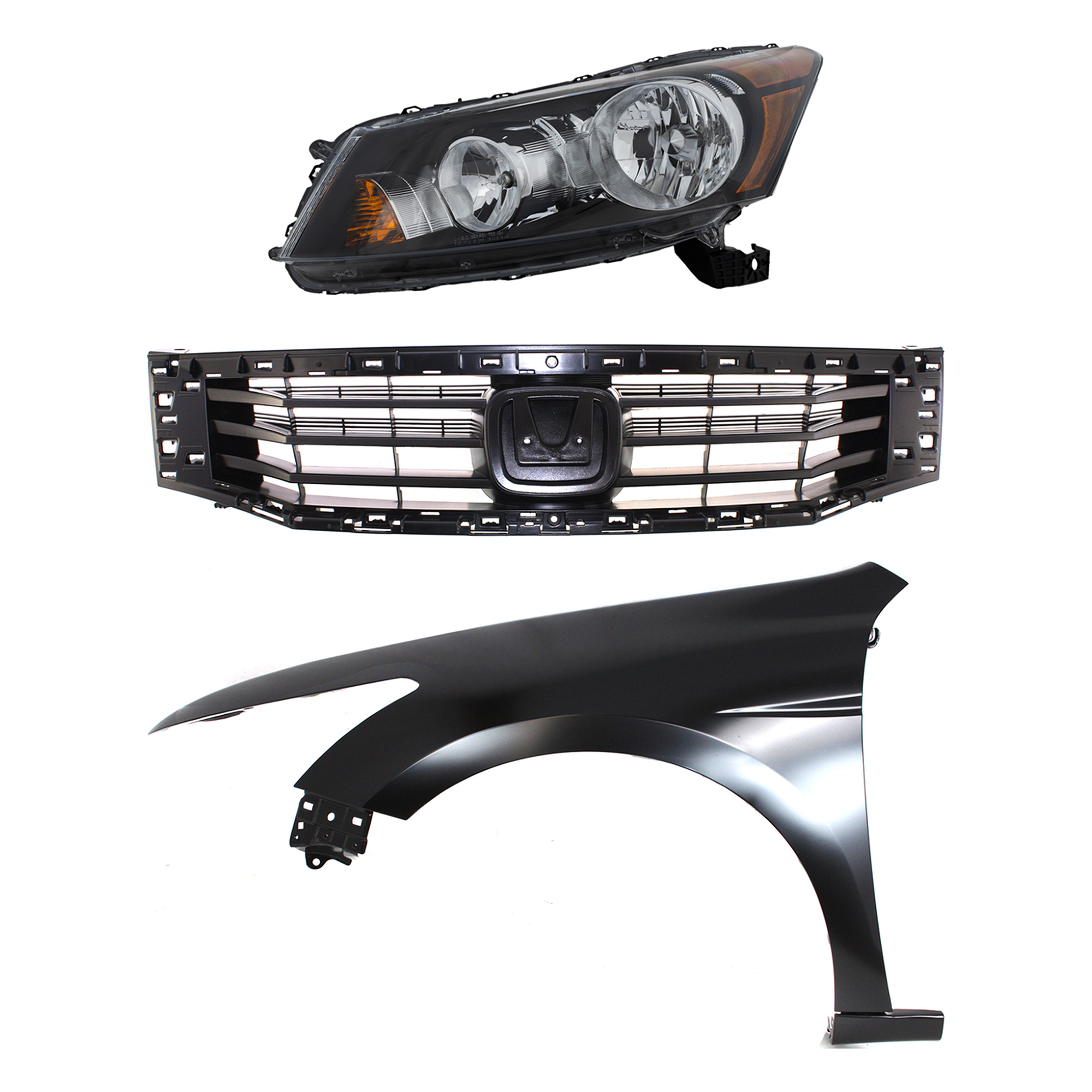 AM ACCORD 08-10 HEAD LAMP LH Assembly Halogen 3 pc Kit with Fender and Grille Insert SKU KIT 030323-9402 Partslink HO2502130 HO1240173 HO1200189 OEM 33150TA0A01-60260TA0A91ZZ 7112
