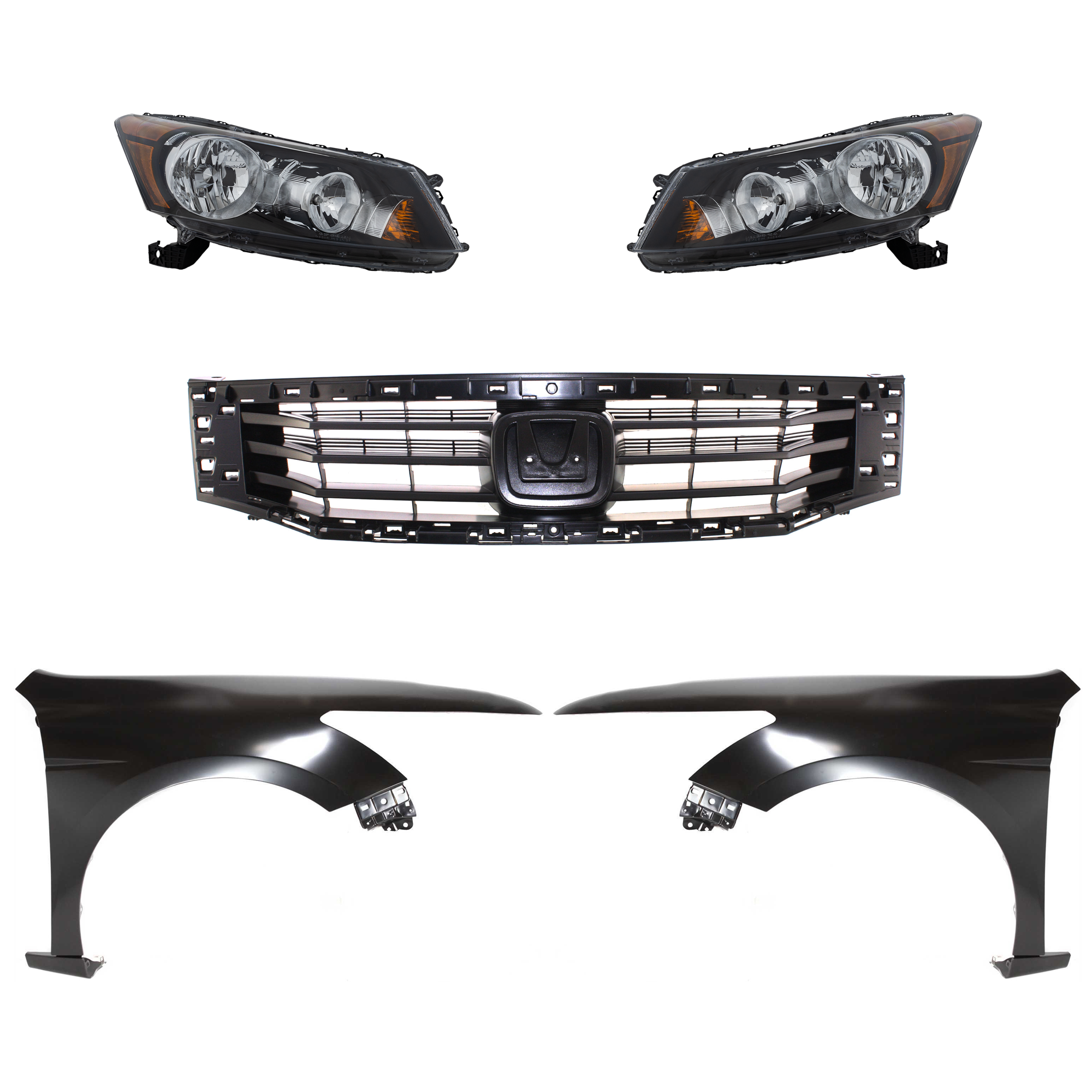 AM ACCORD 08-10 HEAD LAMP RH AND LH Assembly Halogen 5 pc Kit with Fenders and Grille Insert SKU KIT 030323-94 Partslink HO2502130 HO2503130 HO1240173 HO1241173 HO1200189 OEM 33100TA0A01-33150TA0A01-60260T