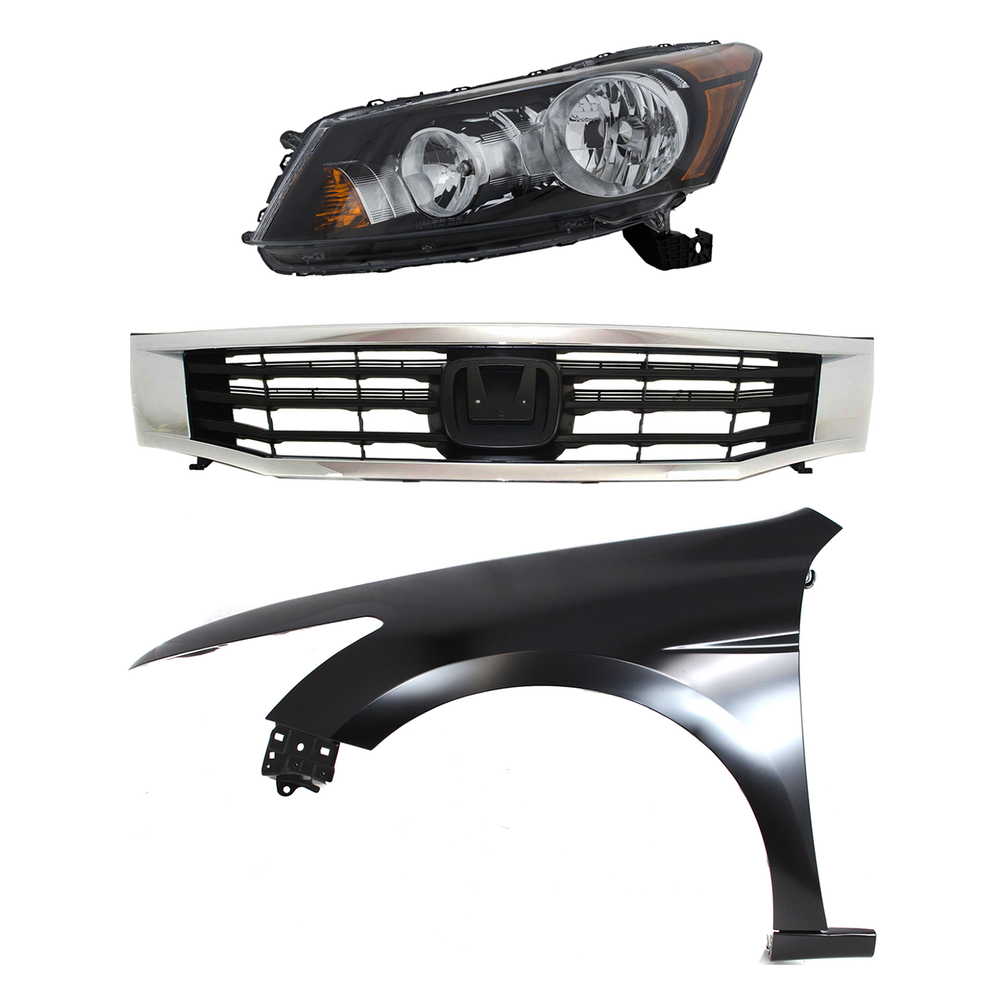 AM ACCORD 08-10 HEAD LAMP LH Assembly Halogen 3 pc Kit with Fender and Grille SKU KIT 030323-9502 Partslink HO2502130 HO1240173 Performance OEM 33150TA0A01-60260TA0A91ZZ Perf