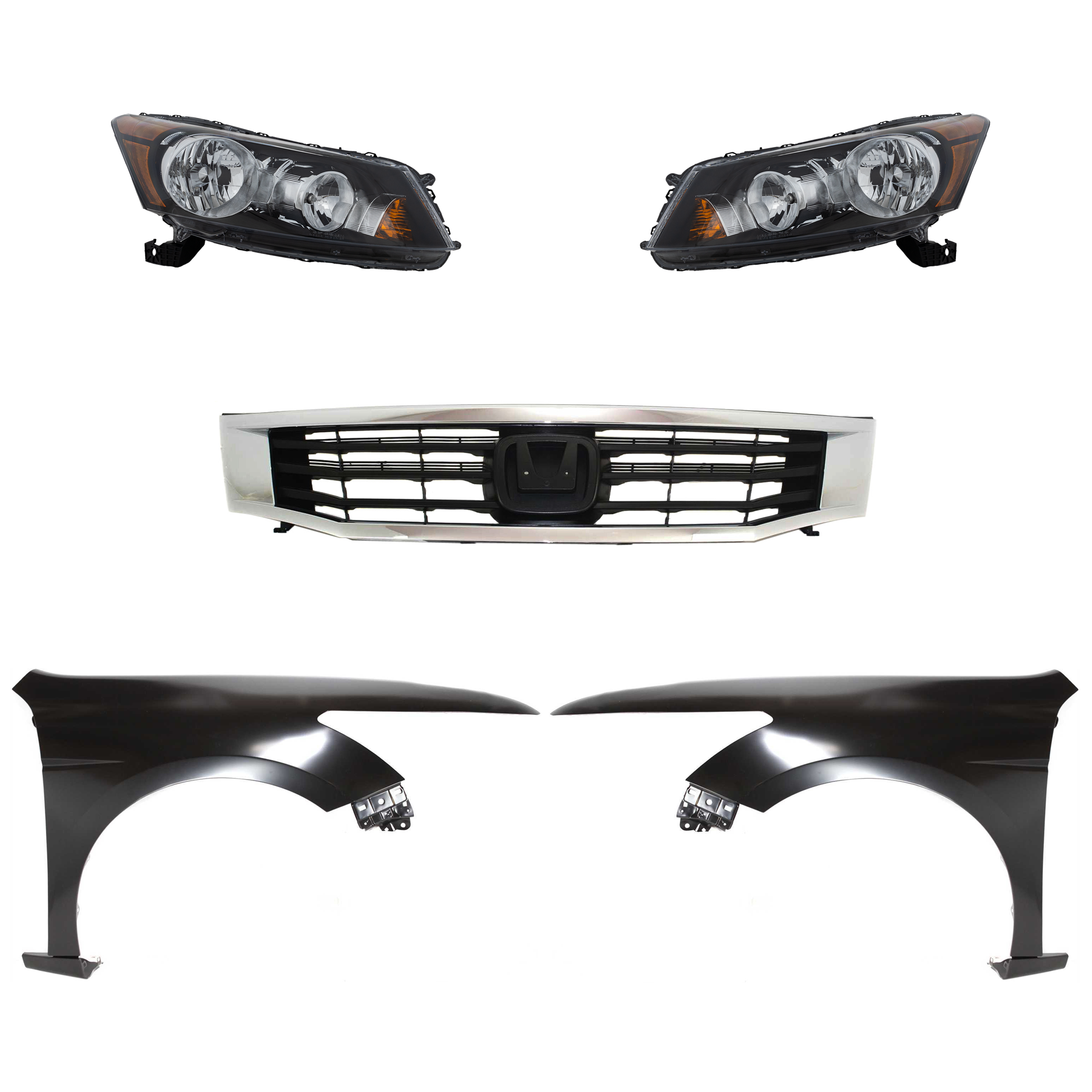 AM ACCORD 08-10 HEAD LAMP RH AND LH Assembly Halogen 5 pc Kit with Fenders and Grille SKU KIT 030323-95 Partslink HO2502130 HO2503130 HO1240173 HO1241173 Performance OEM 33100TA0A01-33150TA0A01-60260T