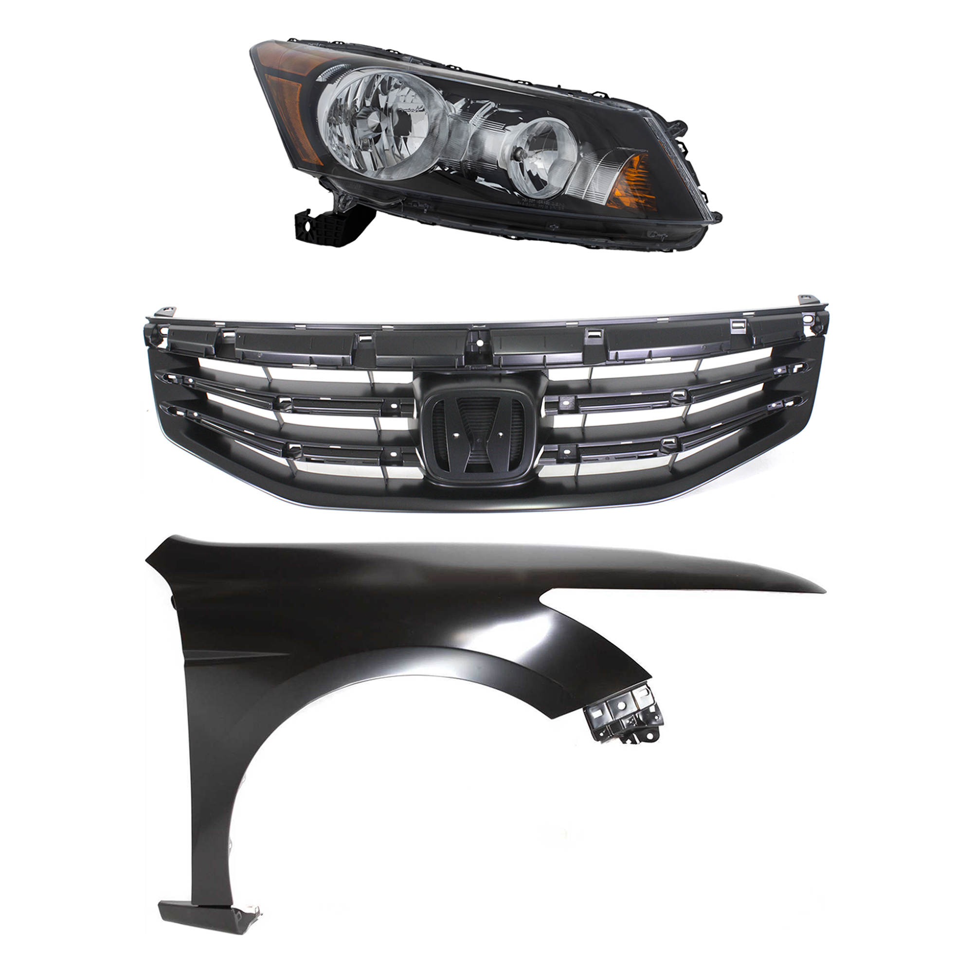 AM ACCORD 11-12 HEAD LAMP RH Assembly Halogen 3 pc Kit with Fender and Grille SKU KIT 030323-9601 Partslink HO2503130 HO1241173 HO1200203 OEM 33100TA0A01-60210TA0A91ZZ 7112