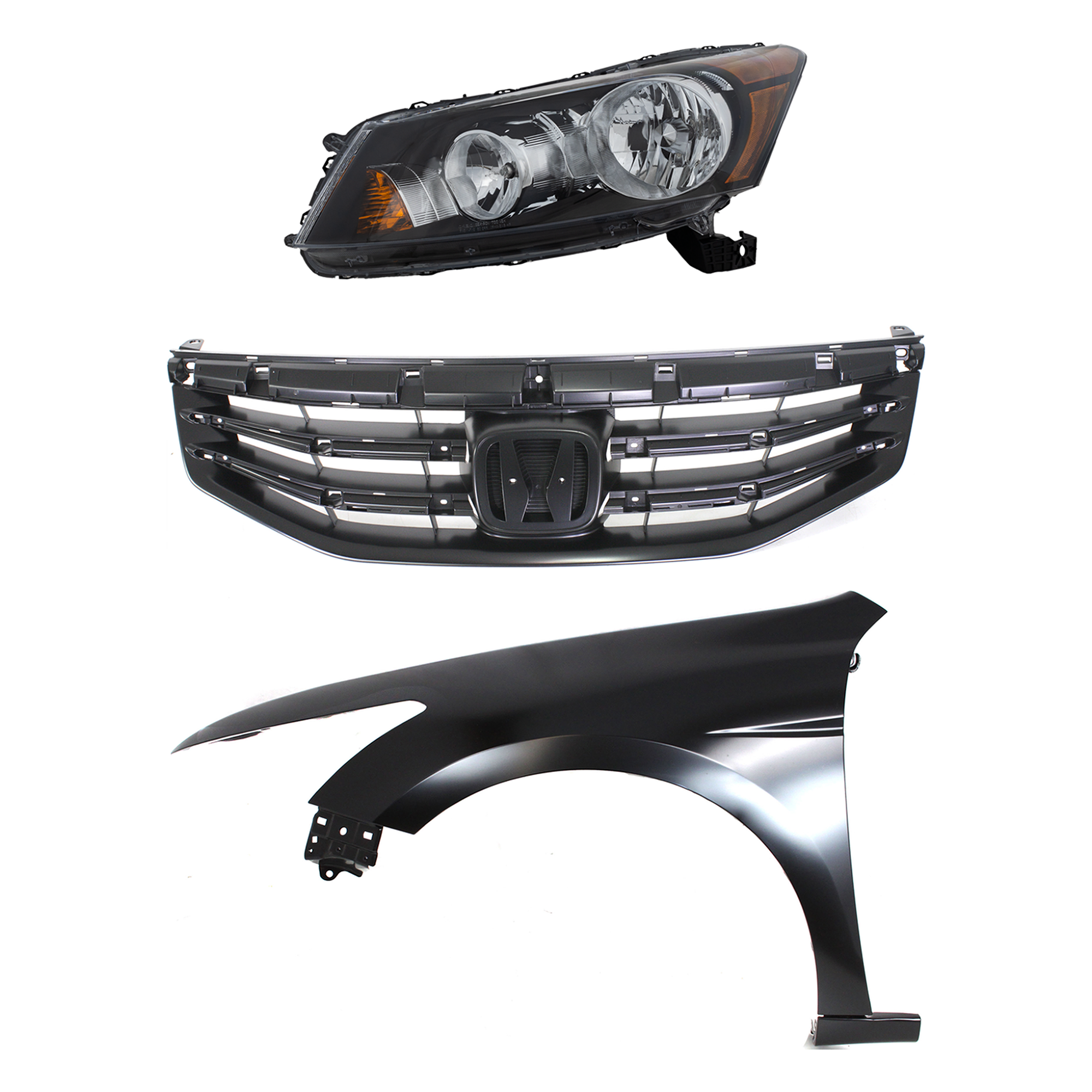 AM ACCORD 11-12 HEAD LAMP LH Assembly Halogen 3 pc Kit with Fender and Grille SKU KIT 030323-9602 Partslink HO2502130 HO1240173 HO1200203 OEM 33150TA0A01-60260TA0A91ZZ 7112