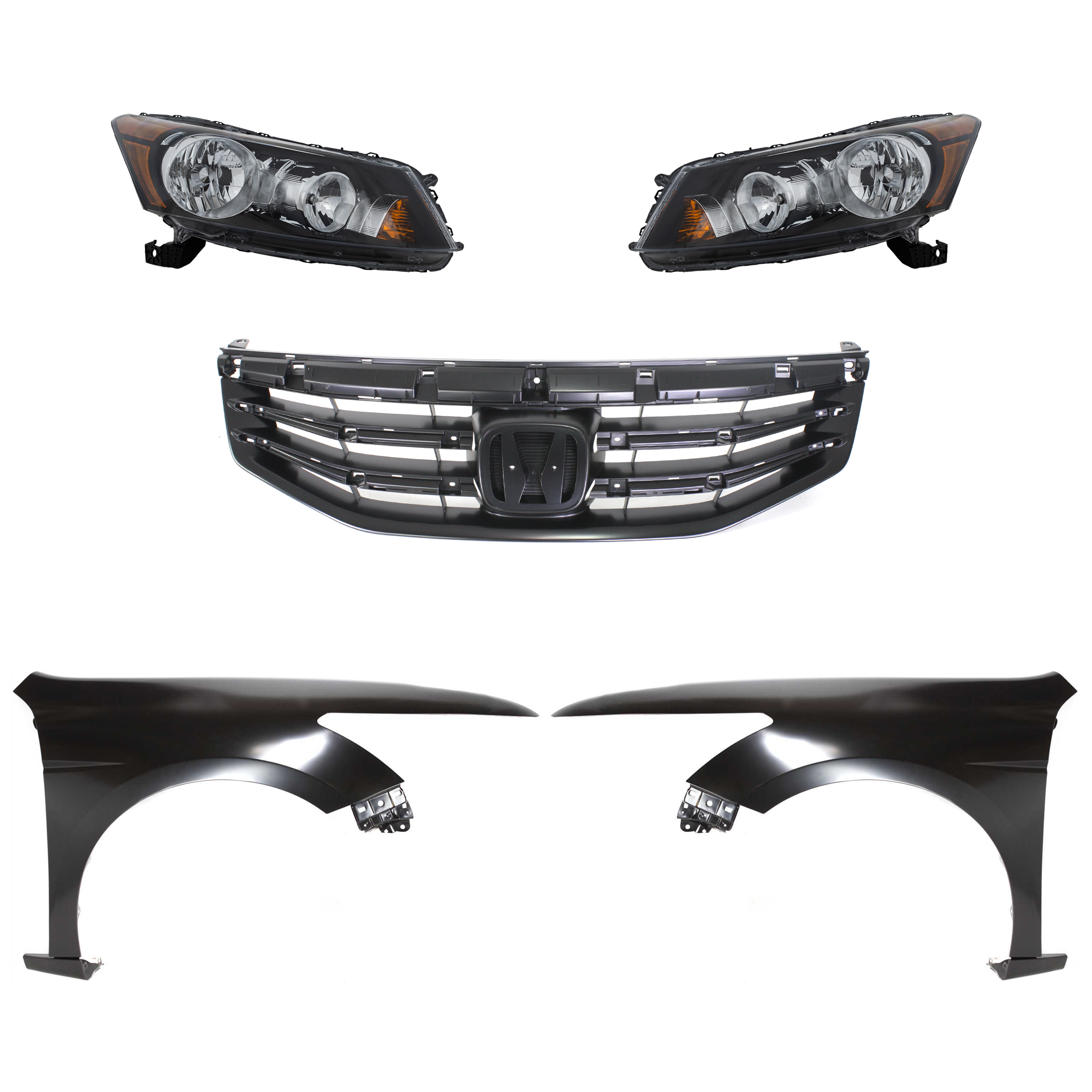 AM ACCORD 11-12 HEAD LAMP RH AND LH Assembly Halogen 5 pc Kit with Fenders and Grille SKU KIT 030323-96 Partslink HO2502130 HO2503130 HO1240173 HO1241173 HO1200203 OEM 33100TA0A01-33150TA0A01-60260T