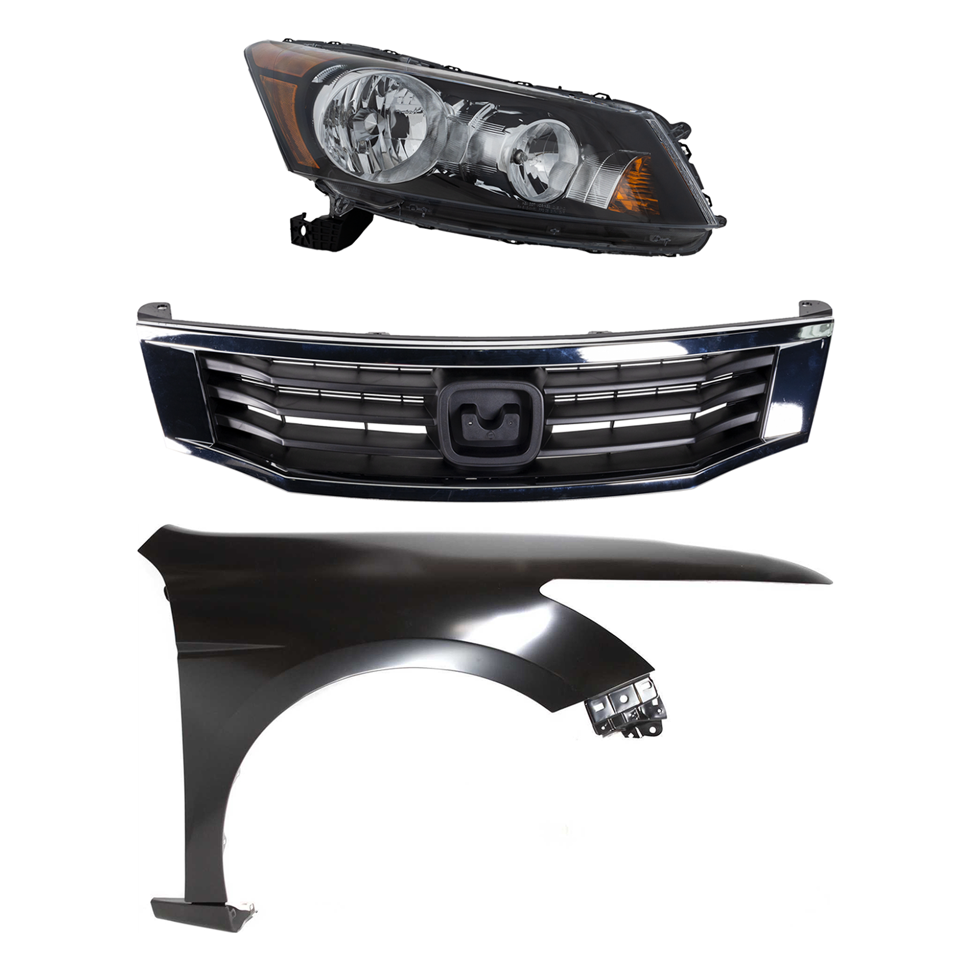AM ACCORD 08-10 HEAD LAMP RH Assembly Halogen 3 pc Kit with Fender and Grille SKU KIT 030323-9701 Partslink HO2503130 HO1241173 HO1200222 OEM 33100TA0A01-60210TA0A91ZZ 7112