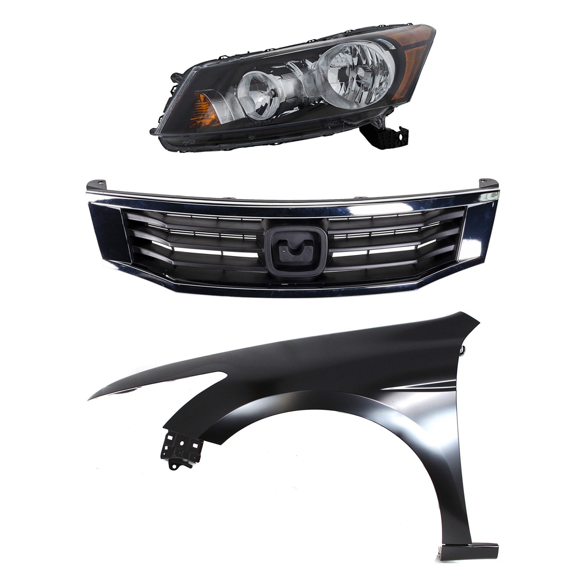 AM ACCORD 08-10 HEAD LAMP LH Assembly Halogen 3 pc Kit with Fender and Grille SKU KIT 030323-9702 Partslink HO2502130 HO1240173 HO1200222 OEM 33150TA0A01-60260TA0A91ZZ 7112