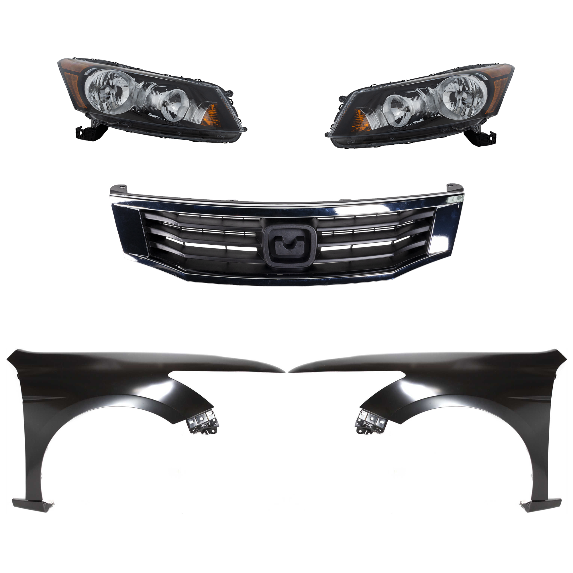 AM ACCORD 08-10 HEAD LAMP RH AND LH Assembly Halogen 5 pc Kit with Fenders and Grille SKU KIT 030323-97 Partslink HO2502130 HO2503130 HO1240173 HO1241173 HO1200222 OEM 33100TA0A01-33150TA0A01-60260T