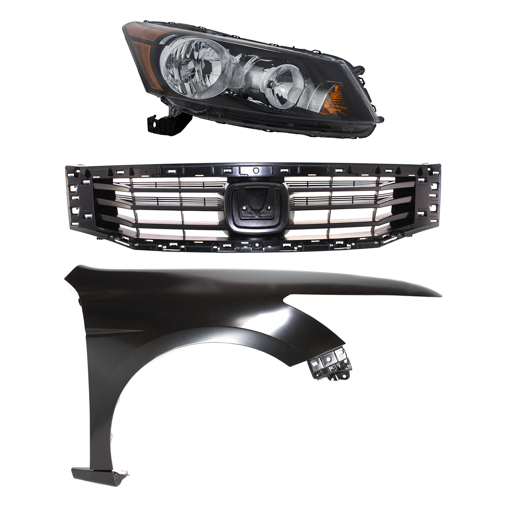 AM ACCORD 08-10 HEAD LAMP RH Assembly Halogen 3 pc Kit with Fender and Grille Insert CAPA SKU KIT 030323-9801 Partslink HO1200189C HO1241173C HO2503130C OEM 33100TA0A01-60210TA0A91ZZ 7112