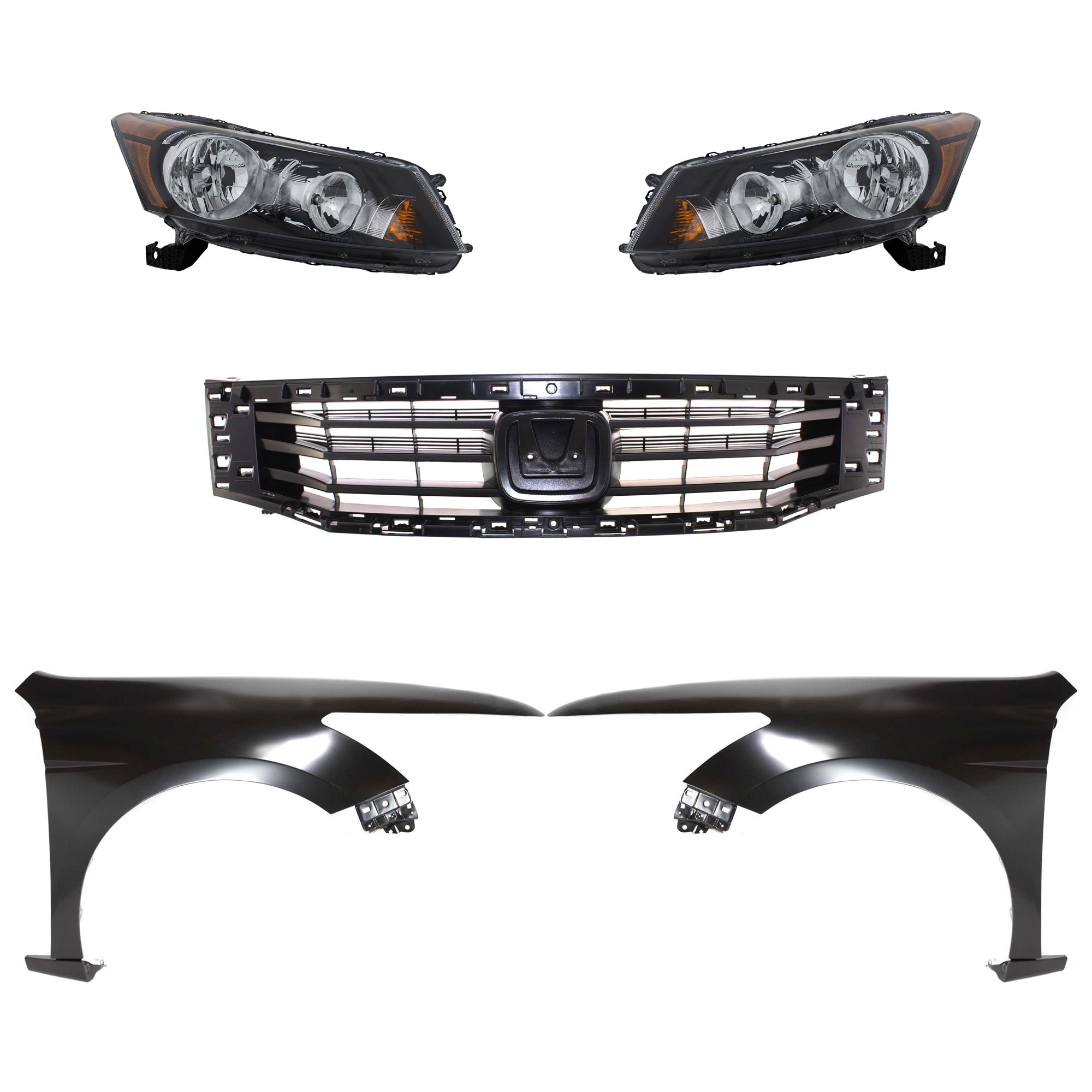 AM ACCORD 08-10 HEAD LAMP RH AND LH Assembly Halogen 5 pc Kit with Fenders and Grille Insert CAPA SKU KIT 030323-98 Partslink HO1200189C HO1240173C HO1241173C HO2502130C HO2503130C OEM 33100TA0A01-33150TA0A01-60210T