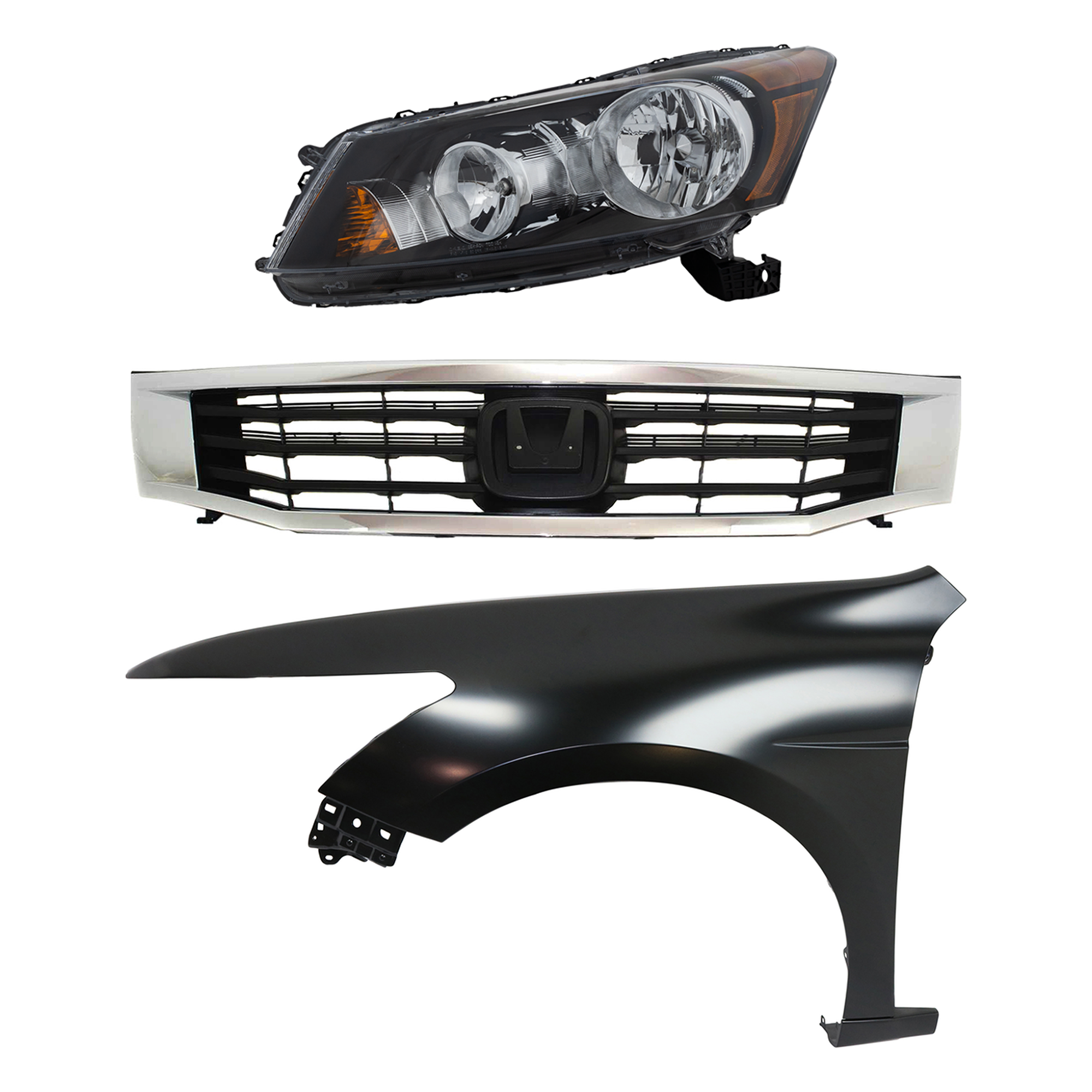 AM ACCORD 08-10 HEAD LAMP LH Assembly Halogen 3 pc Kit with Fender and Grille Assembly SKU KIT 030323-9902 Partslink HO1240173C HO2502130C Performance OEM 33150TA0A01-60260TA0A91ZZ Perf