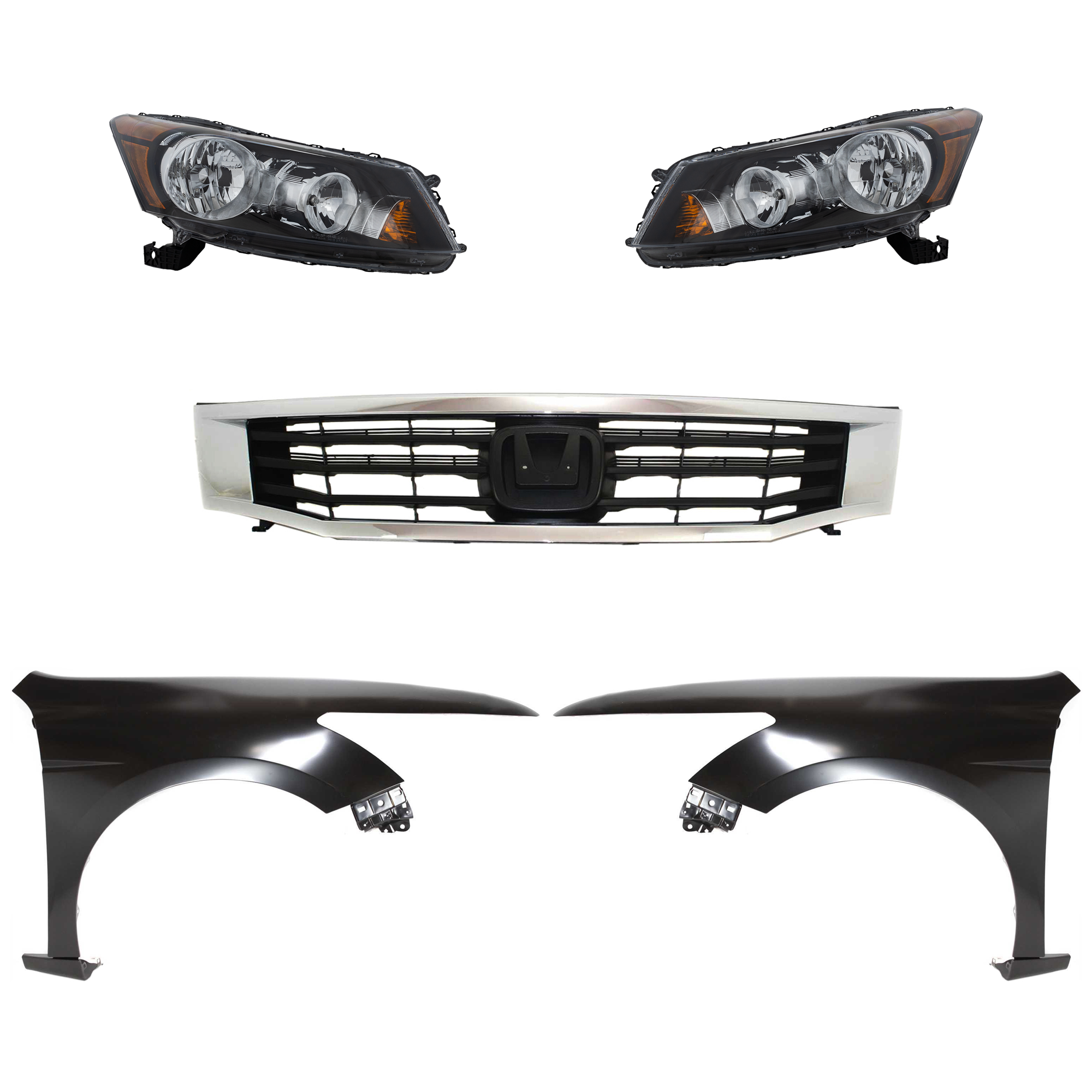 AM ACCORD 08-10 HEAD LAMP RH AND LH Assembly Halogen 5 pc Kit with Fenders and Grille CAPA SKU KIT 030323-99 Partslink HO1240173C HO1241173C HO2502130C HO2503130C Performance OEM 33100TA0A01-33150TA0A01-60210T
