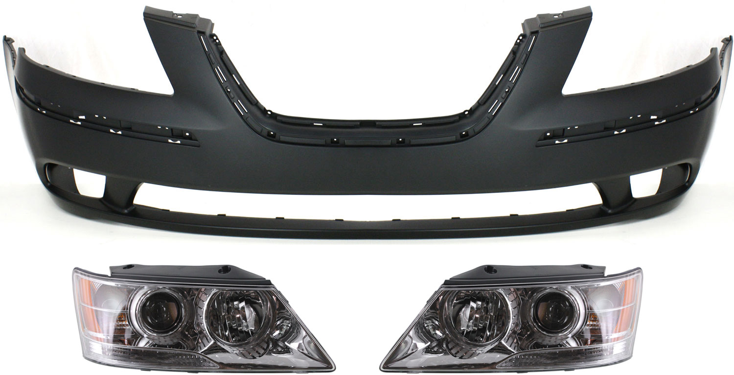 AM SONATA 09-10 HEAD LAMP RH AND LH Assembly Halogen 3 pc Kit with Bumper Cover SKU KIT 030418-100 Partslink HY2502148 HY2503148 HY1000178 OEM 921010A500-921020A500-865110A7