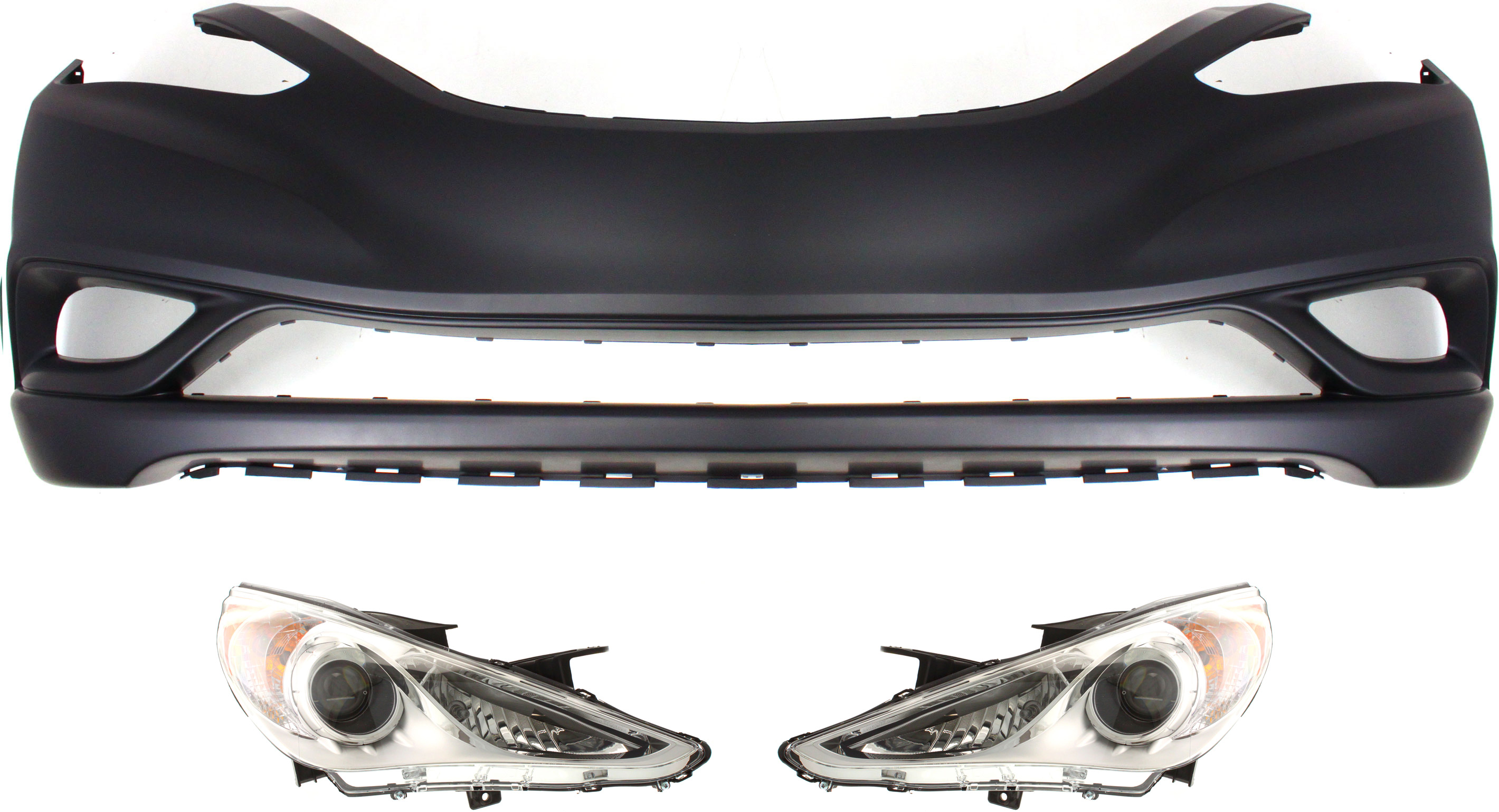 AM SONATA 11-13 HEAD LAMP RH AND LH Assembly Halogen 3 pc Kit with Bumper Cover SKU KIT 030418-101 Partslink HY2503159 HY2502159 HY1000183 OEM 921023Q000-921013Q000-865113Q0