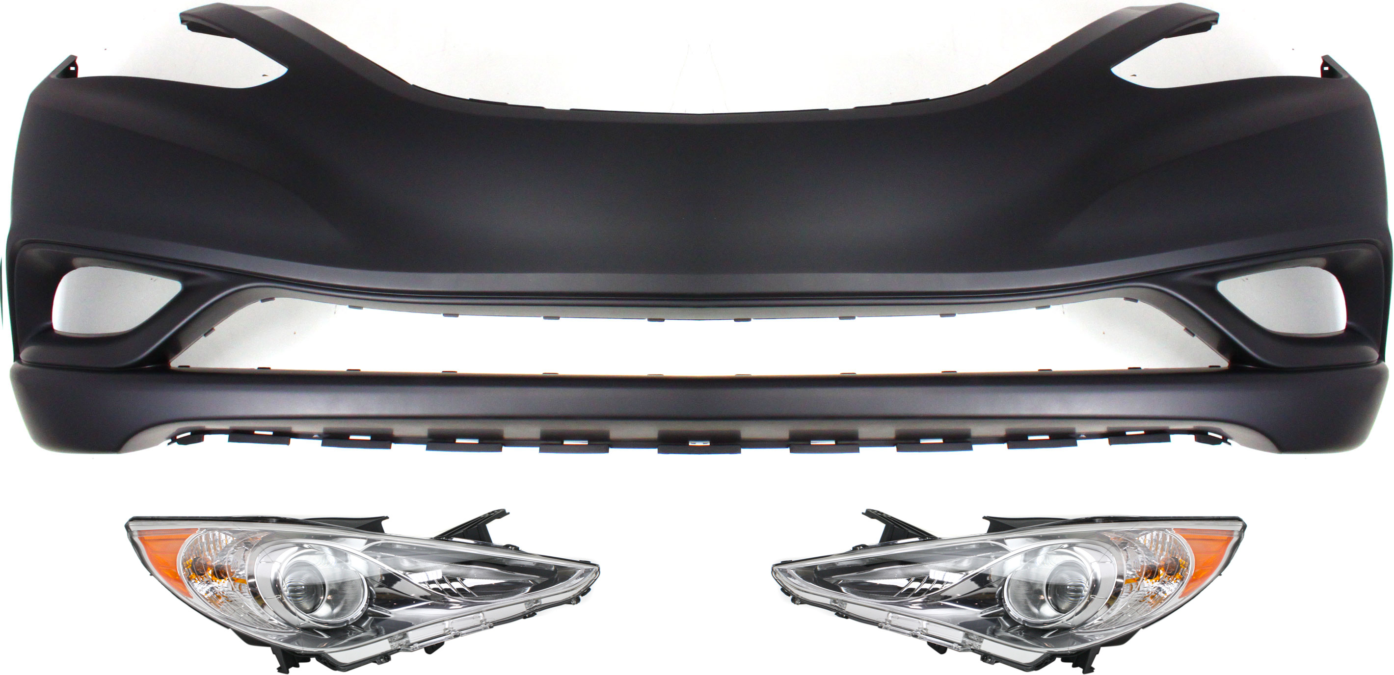 AM SONATA 11-13 HEAD LAMP RH AND LH Assembly Halogen 3 pc Kit with Bumper Cover SKU KIT 030418-102 Partslink HY2503157 HY2502157 HY1000183 OEM 921023Q100-921013Q100-865113Q0