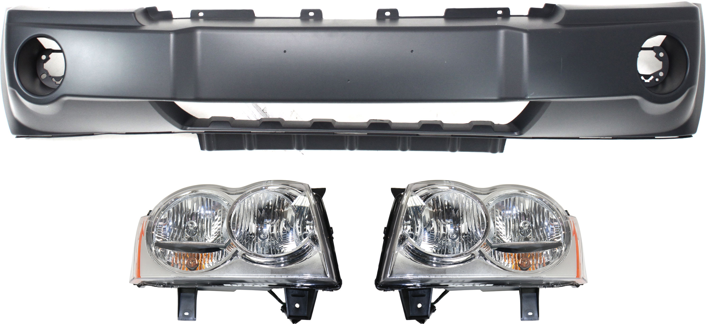 AM GRAND CHEROKEE 05-07 HEAD LAMP RH AND LH Assembly Halogen 3 pc Kit with Bumper Cover SKU KIT 030418-112 Partslink CH2502160 CH2503160 CH1000451 OEM 55156350AK 55156351AK 5159130A