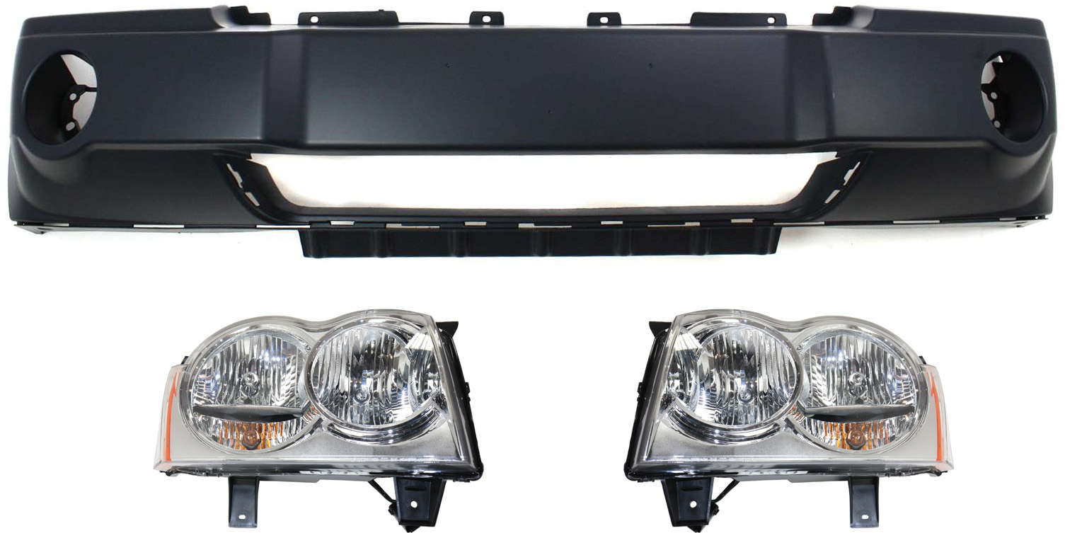 AM GRAND CHEROKEE 05-07 HEAD LAMP RH AND LH Assembly Halogen 3 pc Kit with Bumper Cover SKU KIT 030418-113 Partslink CH2502160 CH2503160 CH1000450 OEM 55156350AK 55156351AK 5159124A