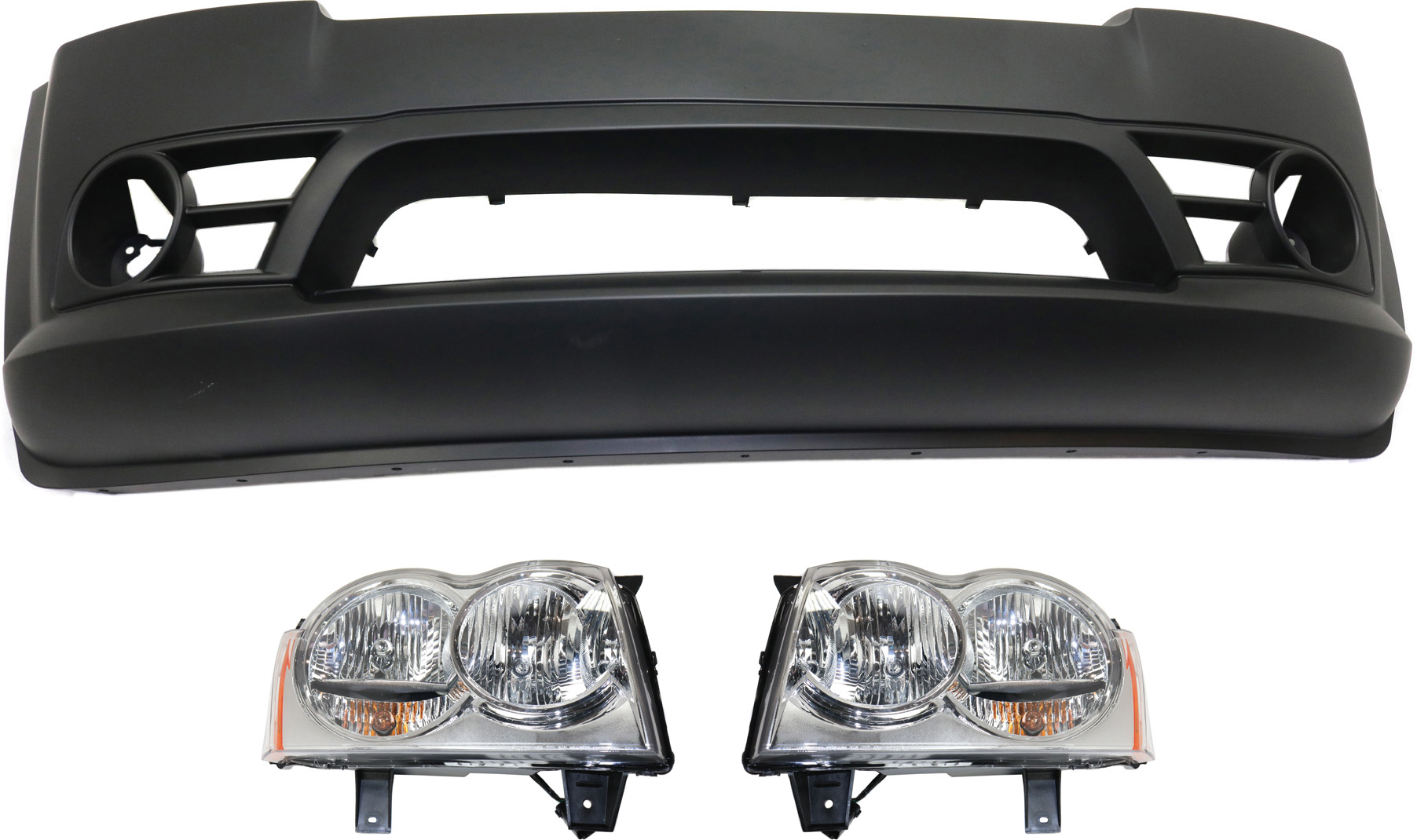 AM GRAND CHEROKEE 06-07 FRONT BUMPER COVER 3 pc Kit with Headlights Sport Utility SKU KIT 030418-114 Partslink CH1000465 CH2502160 CH2503160 OEM 68035608AC 55156351AK 55156350