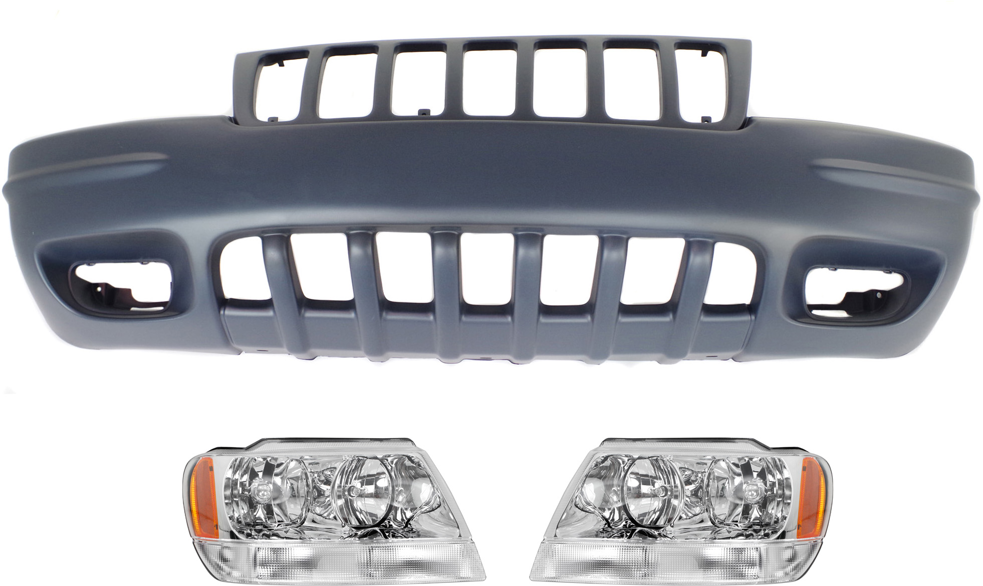AM GRAND CHEROKEE 99-00 HEAD LAMP RH AND LH Assembly Halogen 3 pc Kit with Bumper Cover SKU KIT 030418-116 Partslink CH2502120 CH2503120 CH1000266 OEM 55155552AI 55155553AI 5012668A