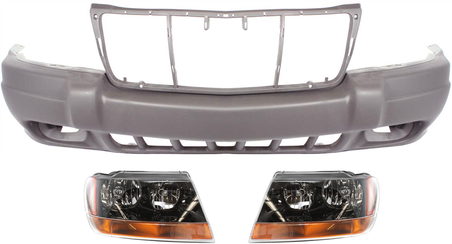 AM GRAND CHEROKEE 99-03 FRONT BUMPER COVER 3 pc Kit Textured with Headlight SKU KIT 030418-117 Partslink CH1000312 CH2502121 CH2503121 OEM 5103400AA 5103401AA 5FN29VF7AB