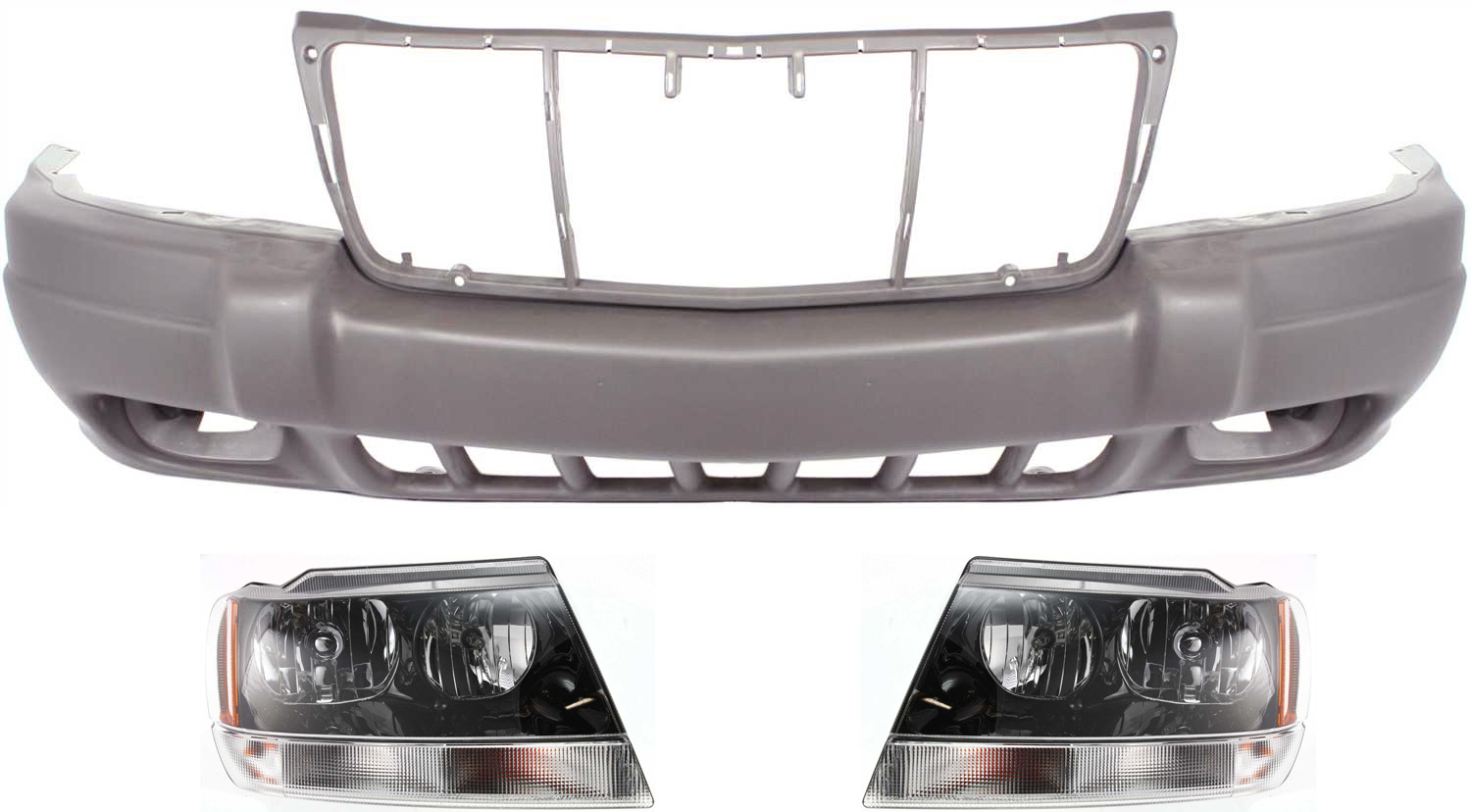 AM GRAND CHEROKEE 02-03 FRONT BUMPER COVER 3 pc Kit Textured with Headlight SKU KIT 030418-118 Partslink CH1000312 CH2502138 CH2503138 OEM 55155128AJ 55155129AJ 5FN29VF7