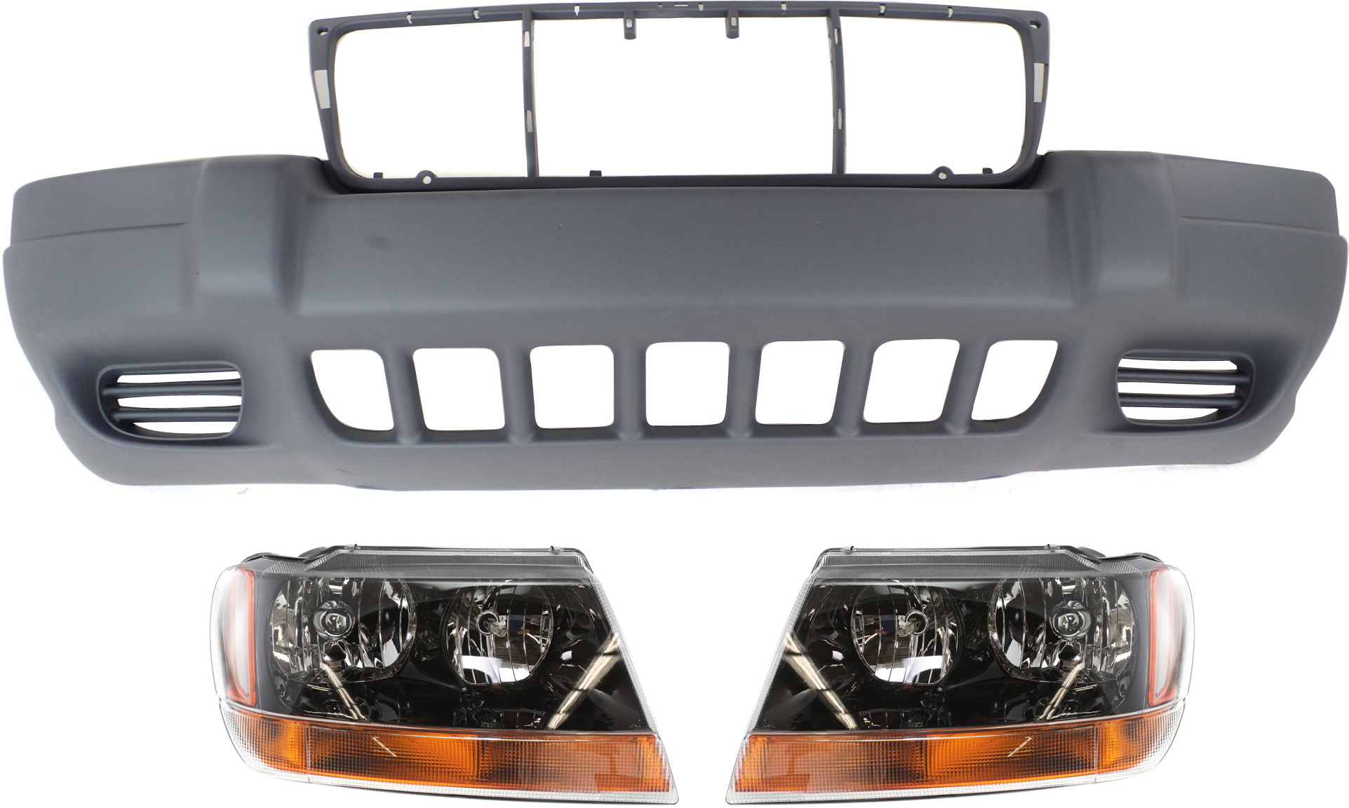 AM GRAND CHEROKEE 99-03 FRONT BUMPER COVER 3 pc Kit Textured with Headlight SKU KIT 030418-119 Partslink CH1000264 CH2502121 CH2503121 OEM 5103400AA 5103401AA 5EU79ZSPAB