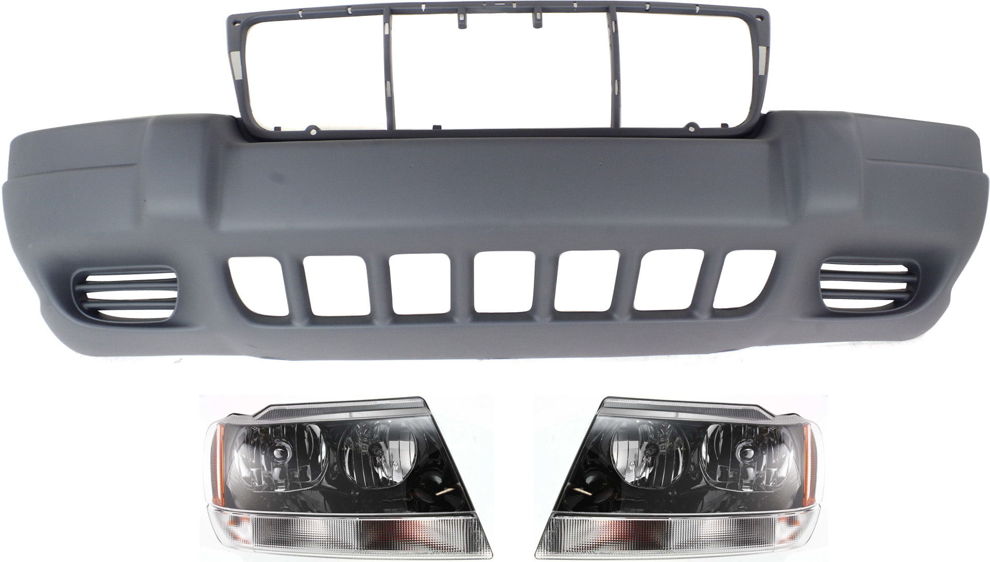 AM GRAND CHEROKEE 02-03 FRONT BUMPER COVER 3 pc Kit Textured with Headlight SKU KIT 030418-120 Partslink CH1000264 CH2502138 CH2503138 OEM 55155128AJ 55155129AJ 5EU79ZSP