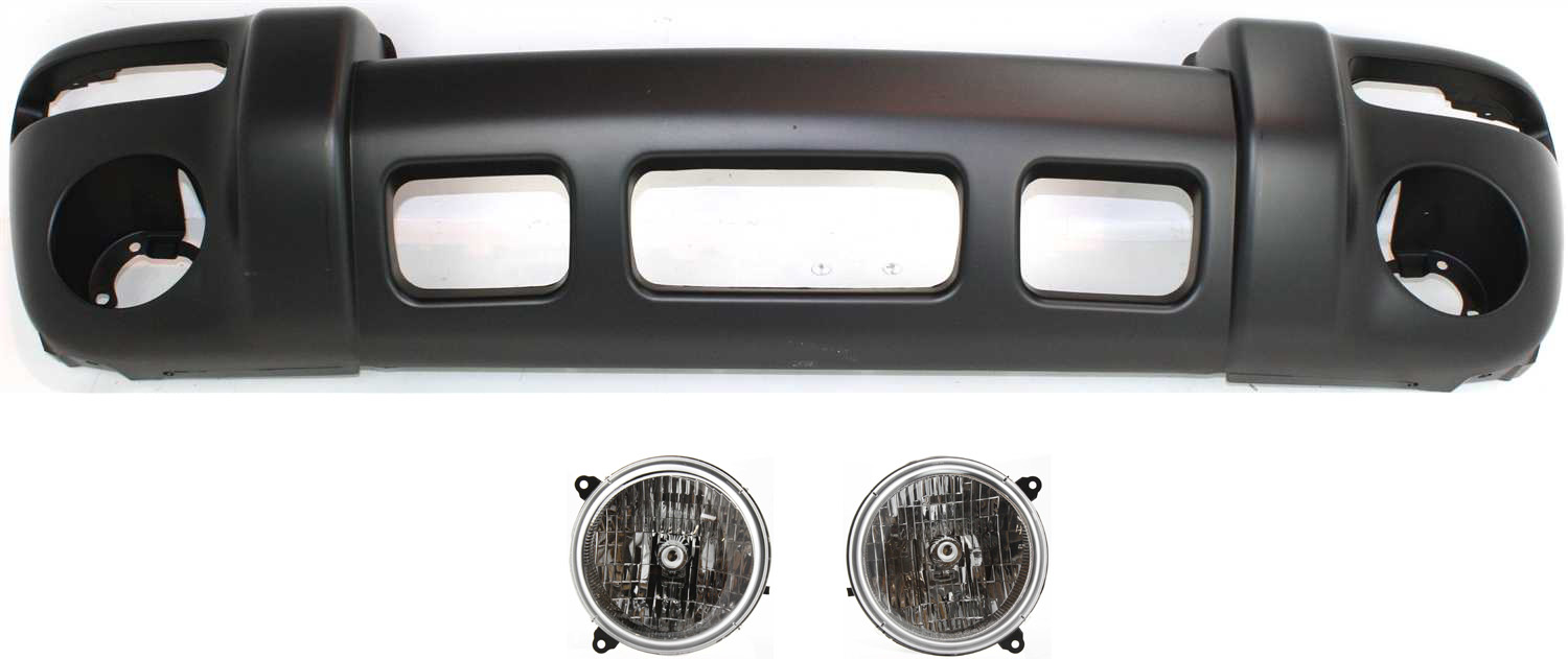 AM LIBERTY 03-04 FRONT BUMPER COVER 3 pc Kit with Headlights SKU KIT 030418-121 Partslink CH1000334 CH2502146 CH2503146 OEM 5066606AB 5066606AC 55155809AB