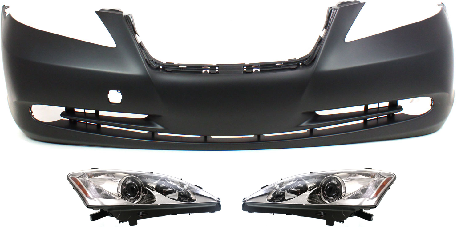 AM ES350-07-09 HEAD LAMP RH AND LH 3 pc Kit Lens and Housing Halogen w Bumper Cover SKU KIT 030418-137 Partslink LX2503134 LX2502134 LX1000167 OEM 8113033670-8117033670-52119339
