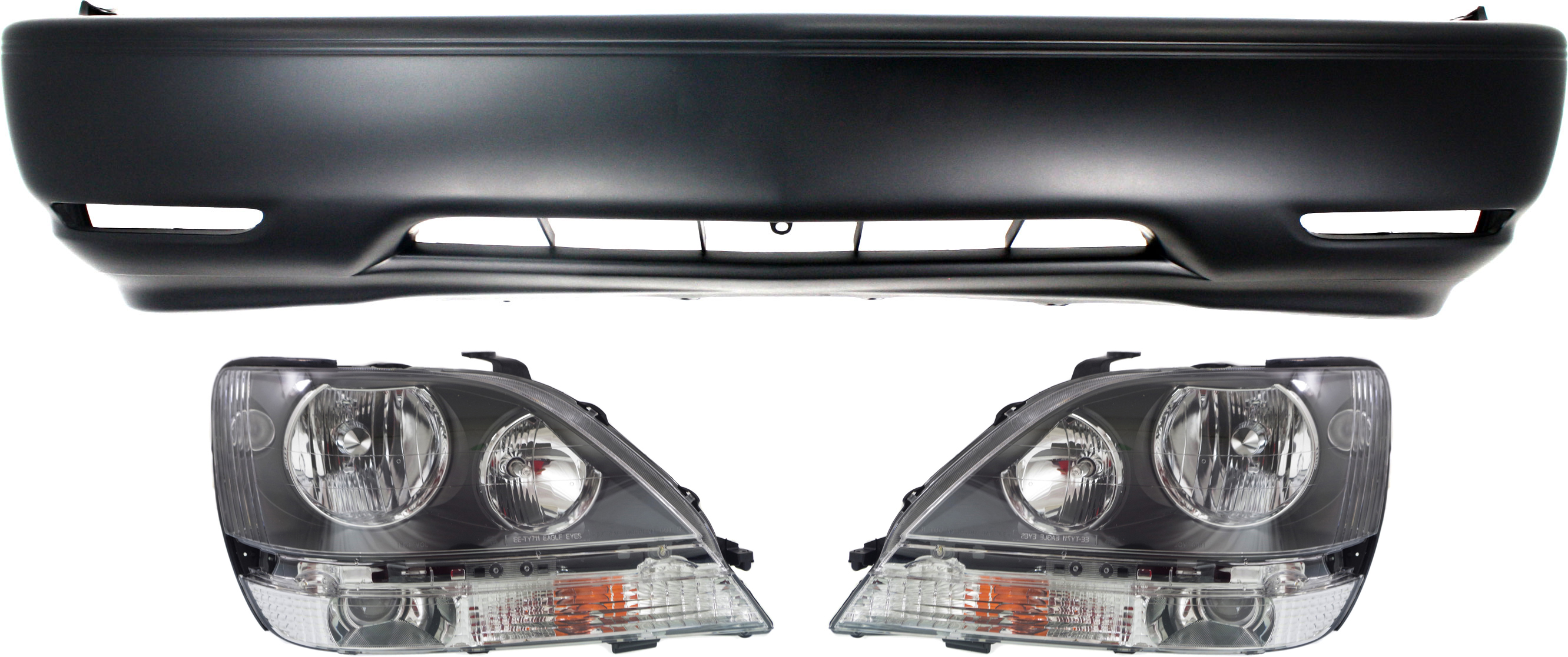 AM RX300-99-00 HEAD LAMP RH AND LH Assembly Halogen 3 pc Kit with Bumper Cover SKU KIT 030418-139 Partslink LX2502103 LX2503103 LX1000117 OEM 8111048031-8115048031-52119489