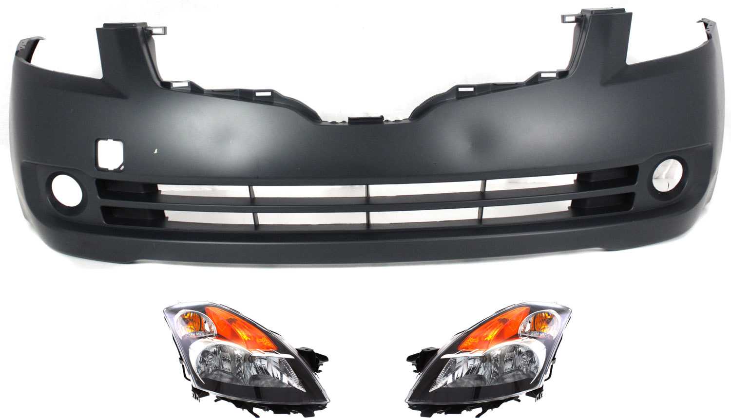 AM ALTIMA 07-09 HEAD LAMP RH AND LH Assembly Halogen 3 pc Kit with Bumper Cover SKU KIT 030418-150 Partslink NI2502187 NI2503187 NI1000240 OEM 26010JA00B 26060JA00B 62022JA0