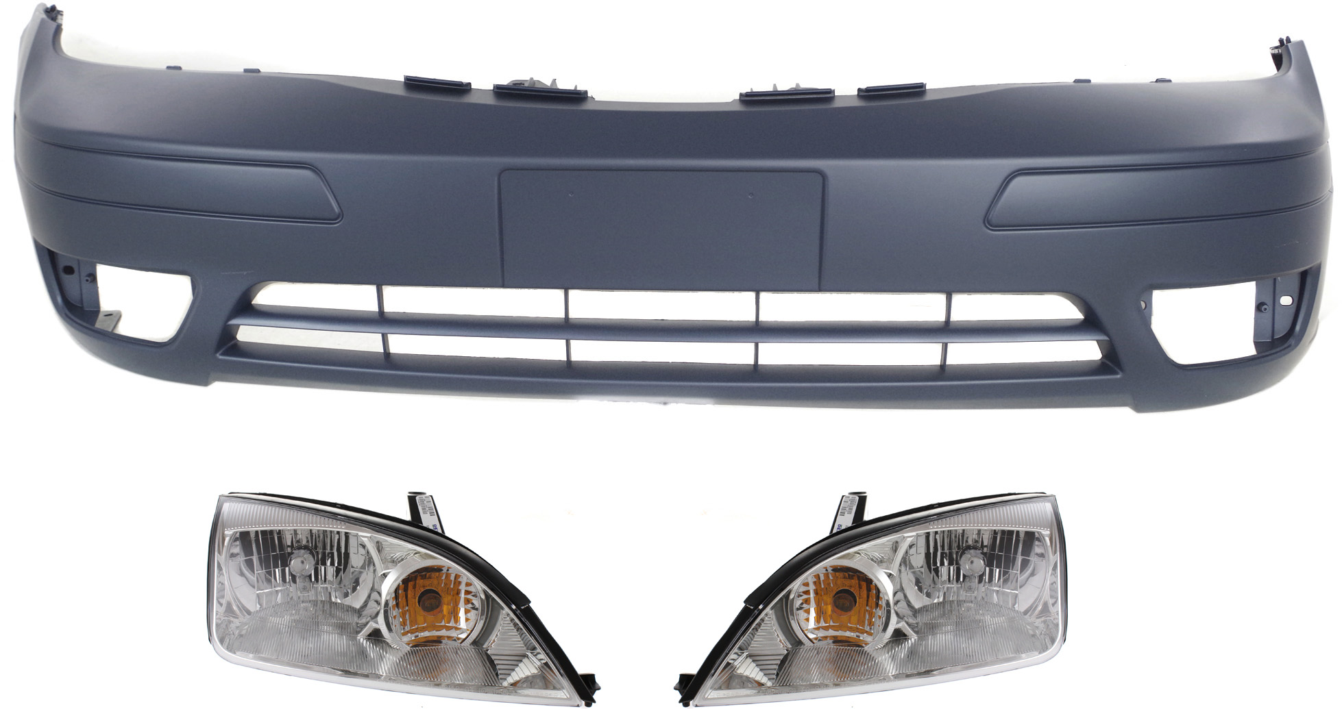 AM FOCUS 05-07 HEAD LAMP RH AND LH Assembly Halogen 3 pc Kit with Bumper Cover SKU KIT 030418-151 Partslink FO2503210 FO2502210 FO1000572 OEM 4F4Z13008AD 4F4Z13008AC 6S4Z17