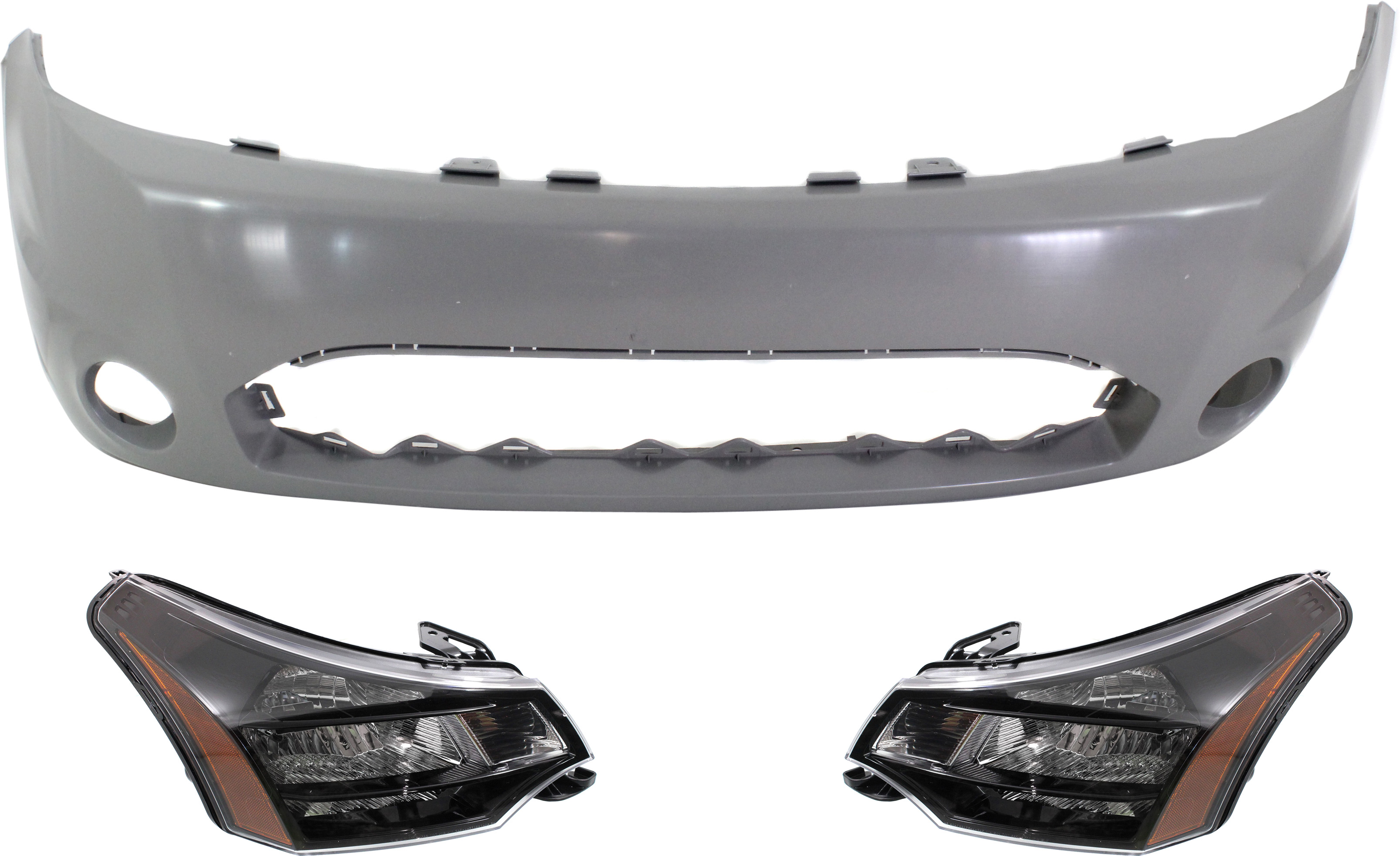 AM FOCUS 09-11 FRONT BUMPER COVER 3 pc kit with Headlights SKU KIT 030418-154 Partslink FO1000641 FO2502269 FO2503269 OEM 9S4Z17D957BAPTM 9S4Z13008D 9S4