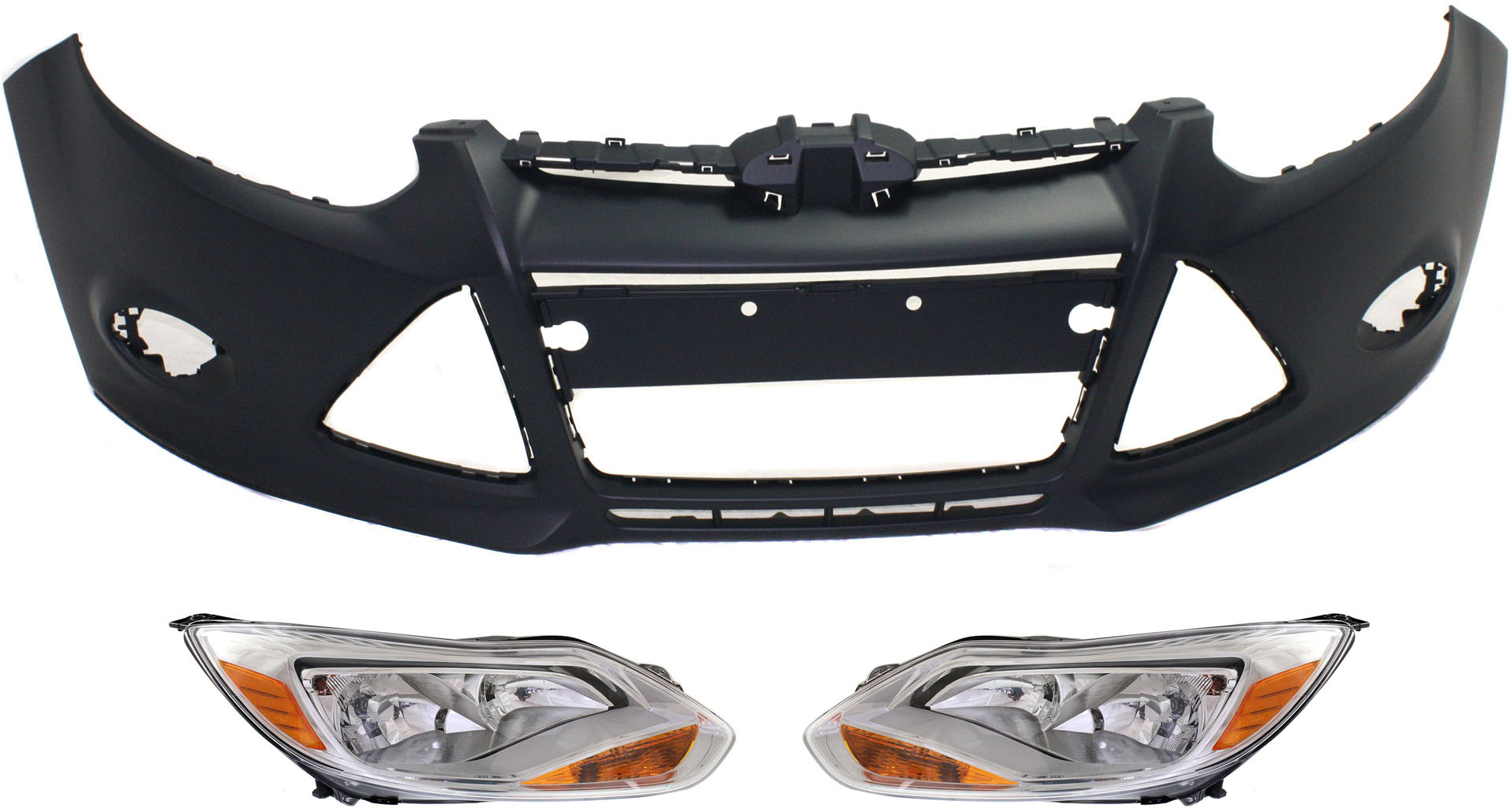 AM FOCUS 12-14 FRONT BUMPER COVER 3 pc Kit with Headlights SKU KIT 030418-156 Partslink FO1000664 FO2502298 FO2503298 OEM BM5Z17D957CAPTM BM5Z13008K BM5