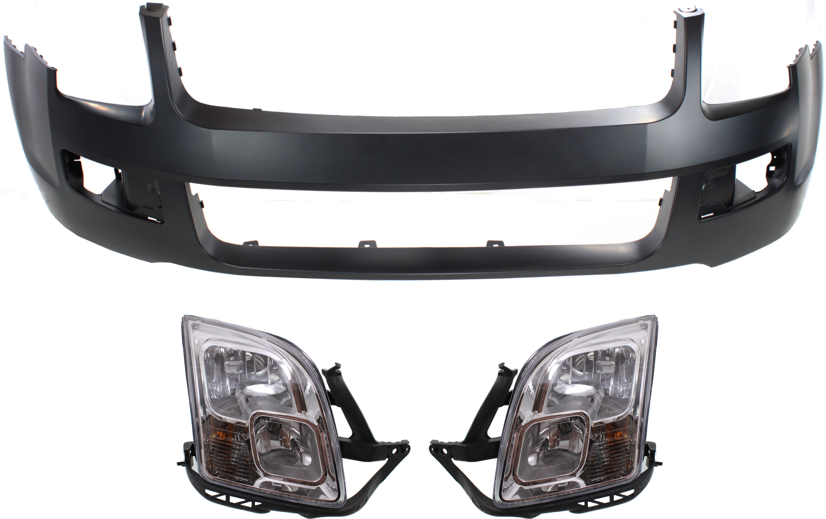 AM FUSION 06-09 FRONT BUMPER COVER 3 pc Kit with Headlights CAPA SKU KIT 030418-157 Partslink FO1000596C FO2502219C FO2503219C OEM 6E5Z13008AD 6E5Z13008BD 6E5Z17