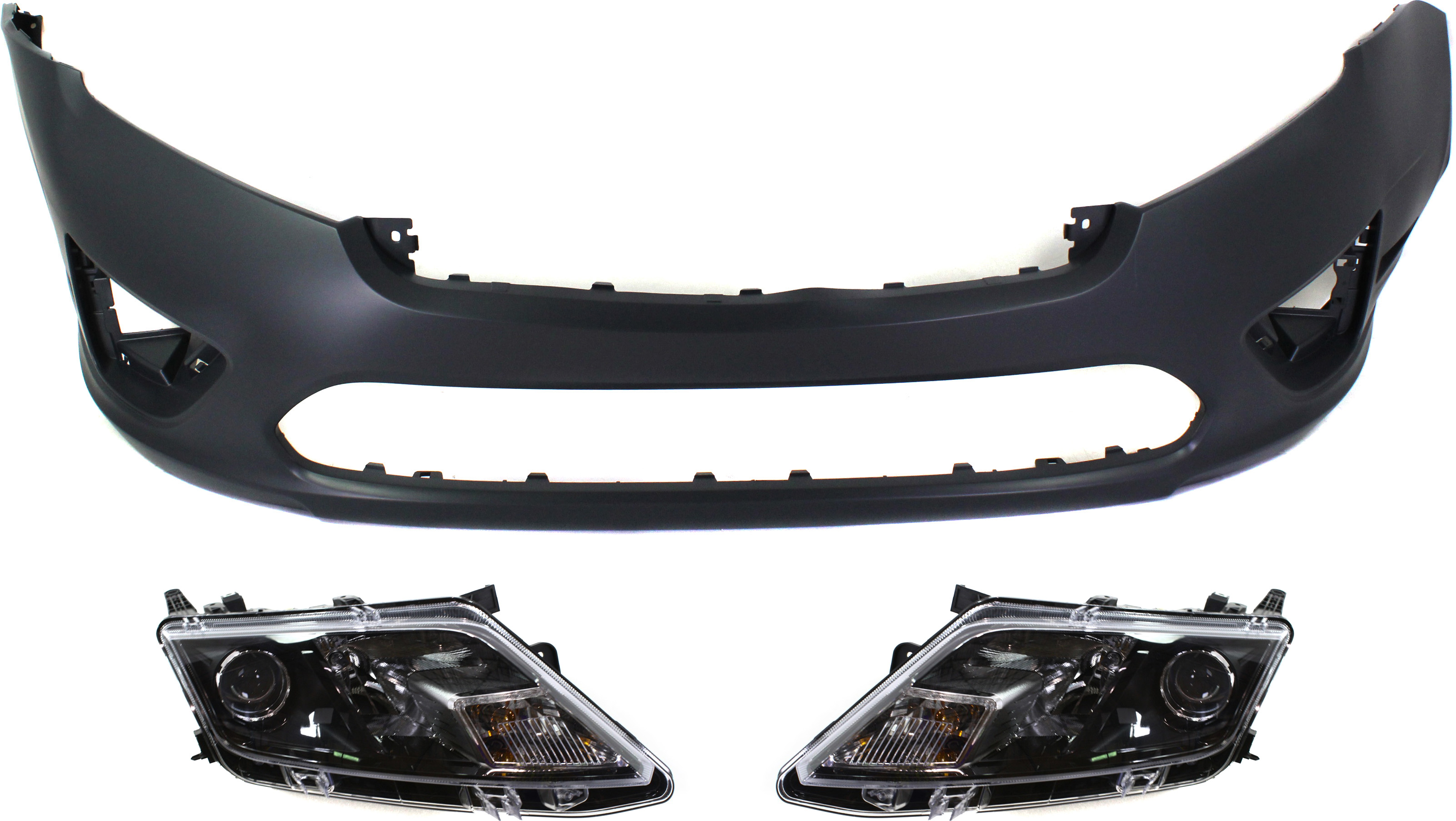 AM FUSION 10-12 FRONT BUMPER COVER 3 pc kit with Headlights CAPA SKU KIT 030418-158 Partslink FO1000650C FO2502273C FO2503273C OEM 9E5Z13008A 9E5Z13008B AE5Z17D9