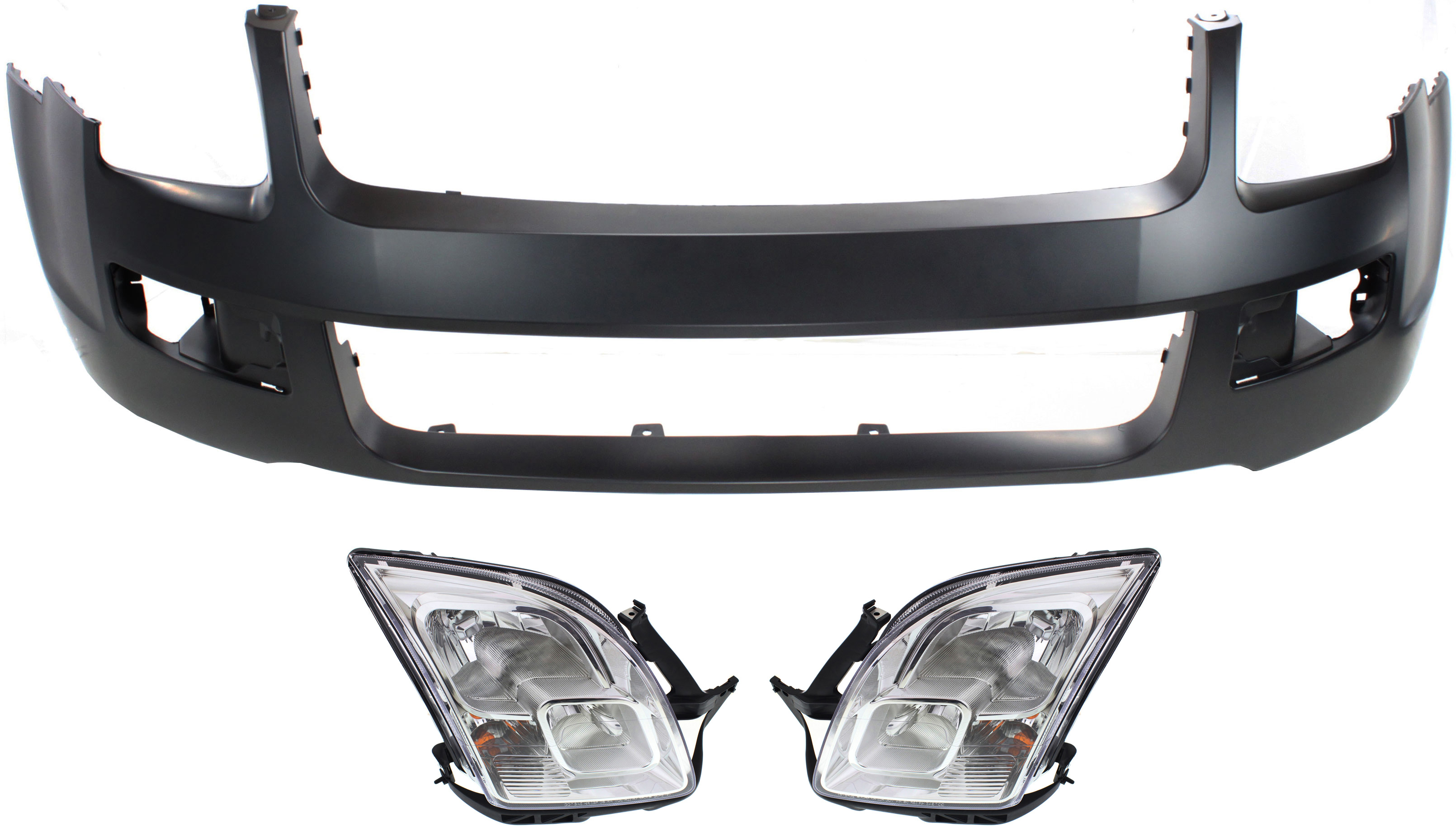 AM FUSION 06-09 HEAD LAMP RH AND LH Assembly Halogen 3 pc Kit with Bumper Cover SKU KIT 030418-160 Partslink FO2503219 FO2502219 FO1000596 OEM 6E5Z13008AD 6E5Z13008BD 6E5Z17