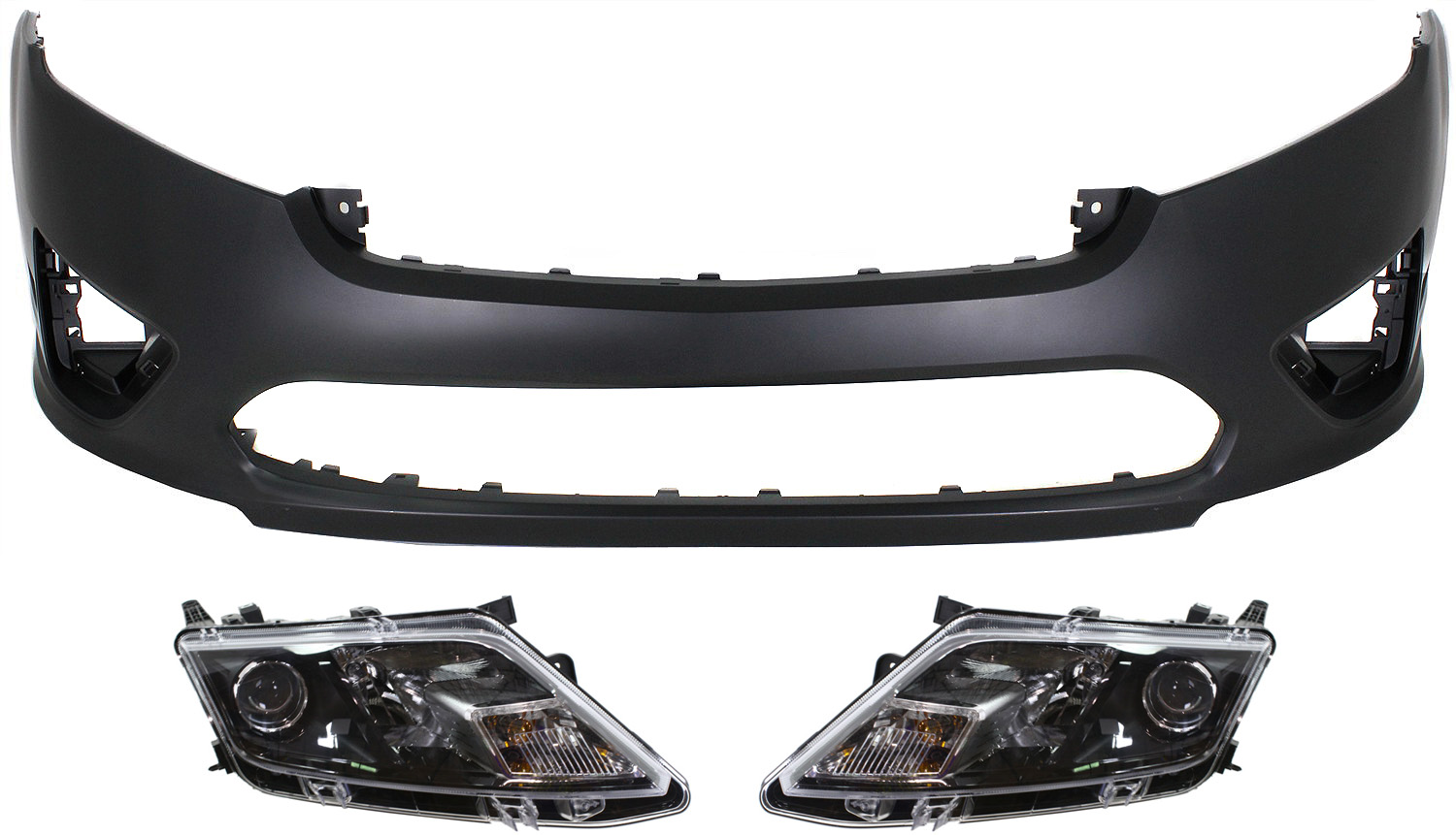 AM FUSION 10-12 FRONT BUMPER COVER 3 pc Kit with Headlights SKU KIT 030418-161 Partslink FO1000650 FO2502273 FO2503273 OEM AE5Z17D957BAPTM 9E5Z13008B 9E5