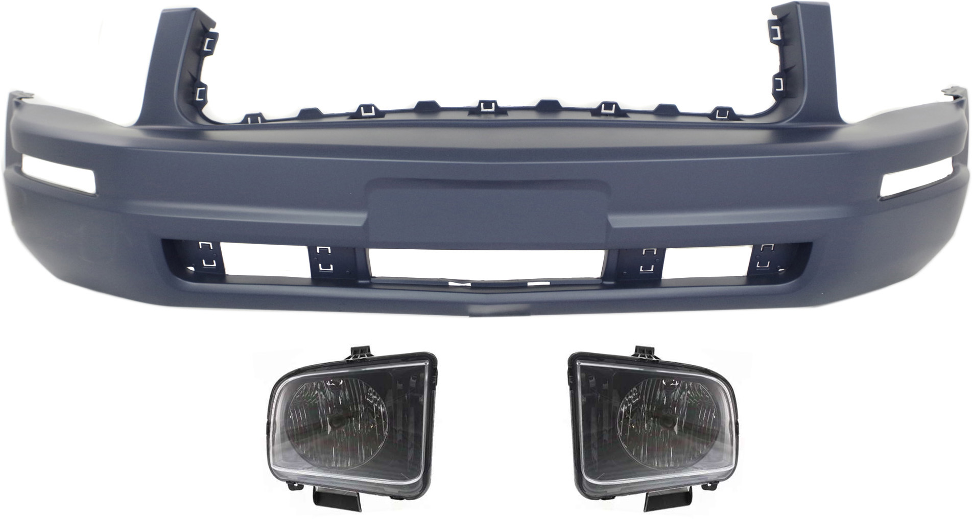 AM MUSTANG 05-06 HEAD LAMP RH AND LH Assembly Halogen 3 pc Kit with Bumper Cover SKU KIT 030418-166 Partslink FO2503215 FO2502215 FO1000574 OEM 4R3Z13008AA 4R3Z13008AB 5R3Z17
