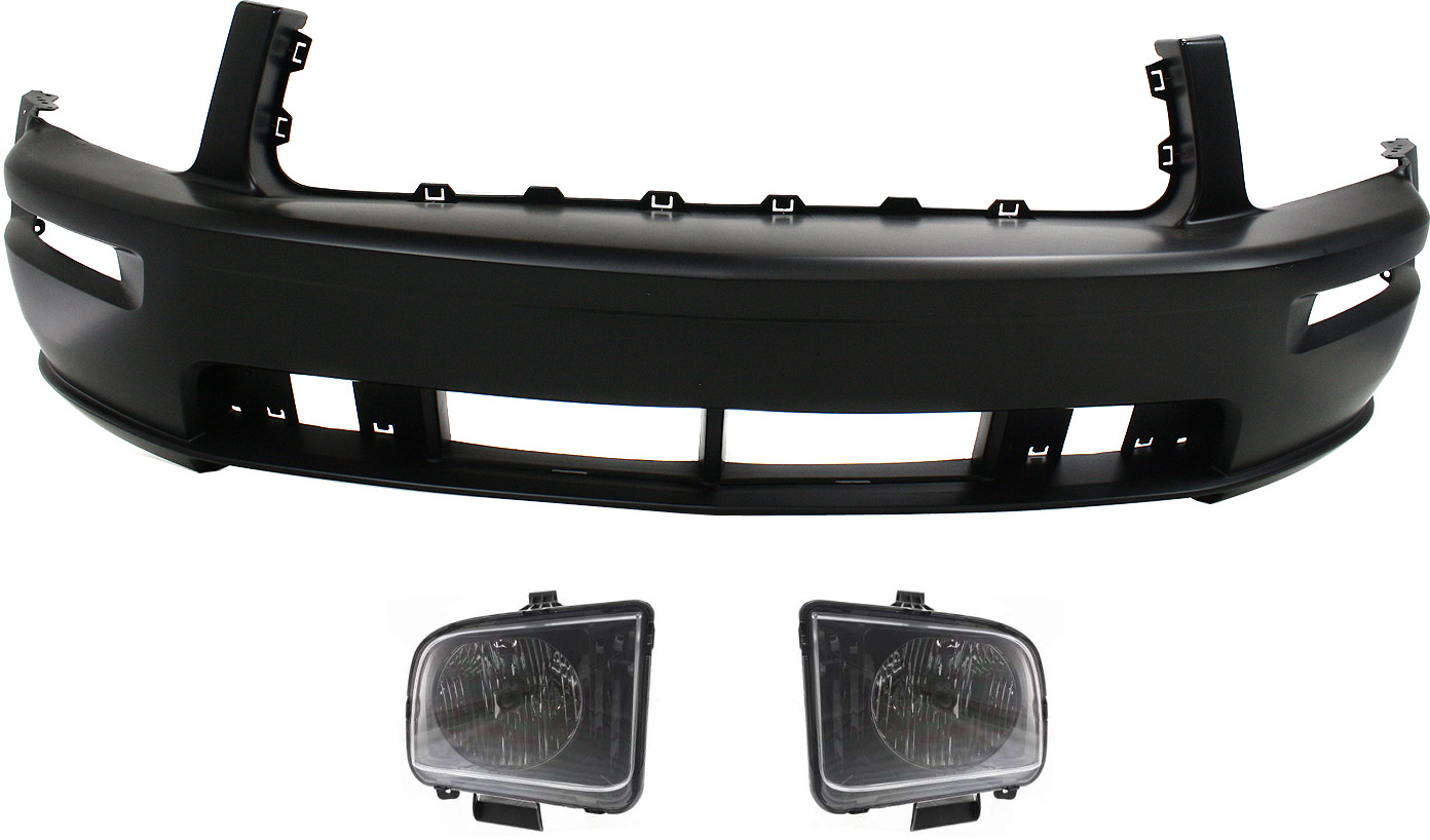 AM MUSTANG 05-06 FRONT BUMPER COVER 3 pc Kit with Headlights SKU KIT 030418-167 Partslink FO1000575 FO2502215 FO2503215 OEM 5R3Z17D957BAA 4R3Z13008AB 4R3Z
