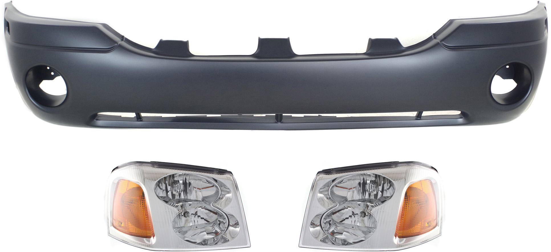 AM ENVOY 02-09 HEAD LAMP RH AND LH Assembly Halogen 3 pc Kit with Bumper Cover SKU KIT 030418-169 Partslink GM2503220 GM2502220 GM1000641 OEM 15866070-15866071-88937036