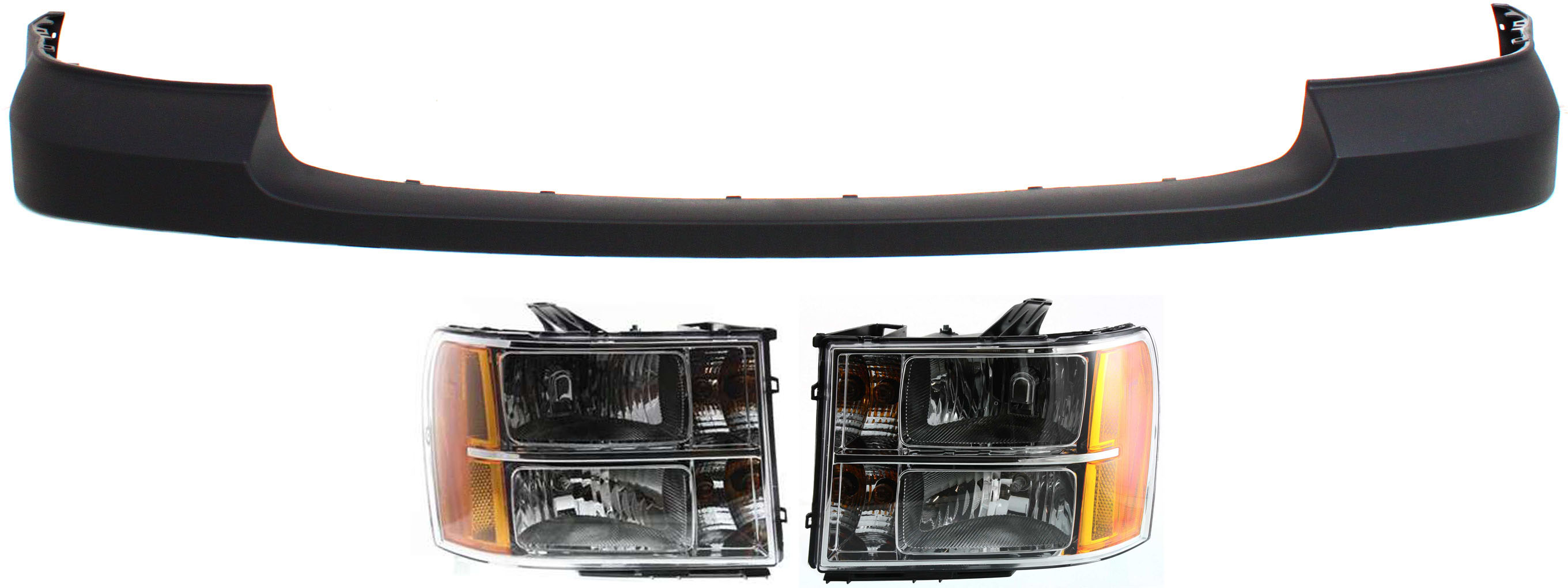 AM SIERRA 1500-07-13 HEAD LAMP RH AND LH Assembly Halogen 3 pc Kit with Bumper Cover SKU KIT 030418-23 Partslink GM2502283 GM2503283 GM1014103 OEM 20980241-22853030-25783617