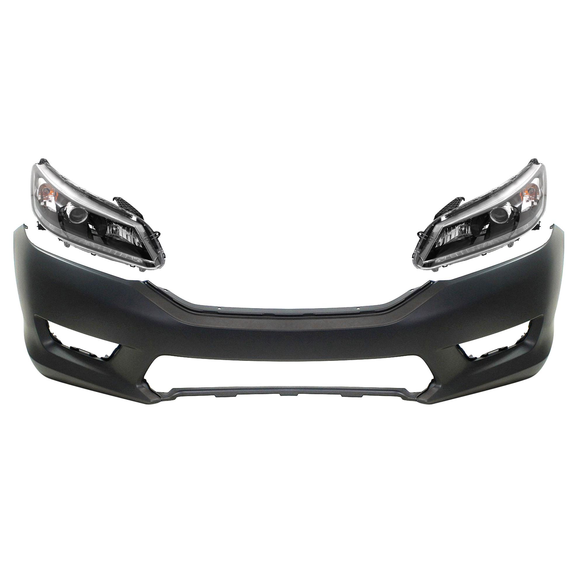 AM ACCORD 13-15 FRONT BUMPER COVER Primed 3 pc Kit with Headlights SKU KIT 030418-49 Partslink HO1000288 HO2502151 HO2503151 OEM 04711T2AA90ZZ 33150T2AA01-3310