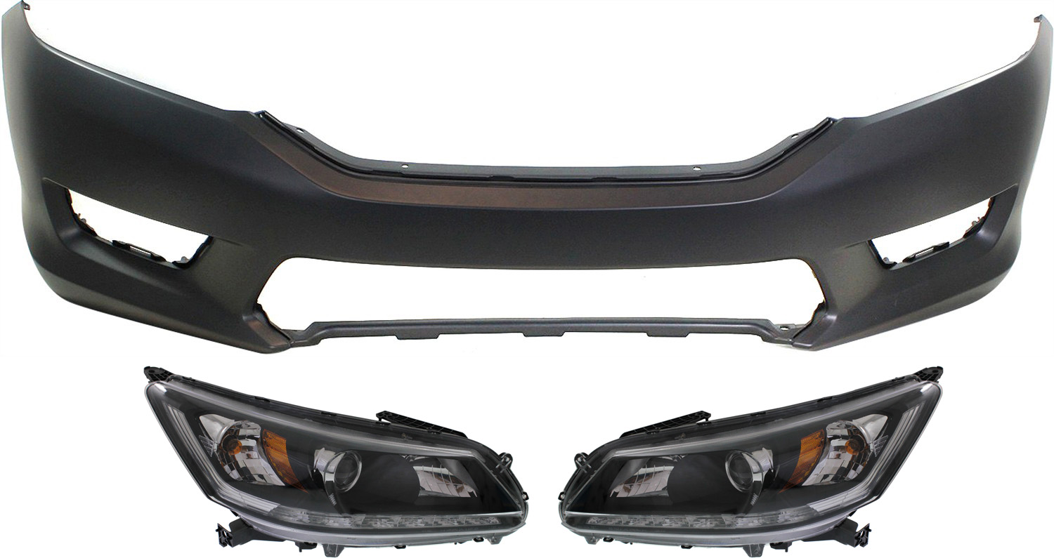 AM ACCORD 13-15 HEAD LAMP RH AND LH 3 pc Kit Assembly Halogen 6 Cyl 3.5L Engine w Bumper Cover EX L Touring Models Sedan SKU KIT 030418-50 Partslink HO2502156 HO2503156 HO1000288 OEM 33100T2AA21-33100T2AA11-33150T