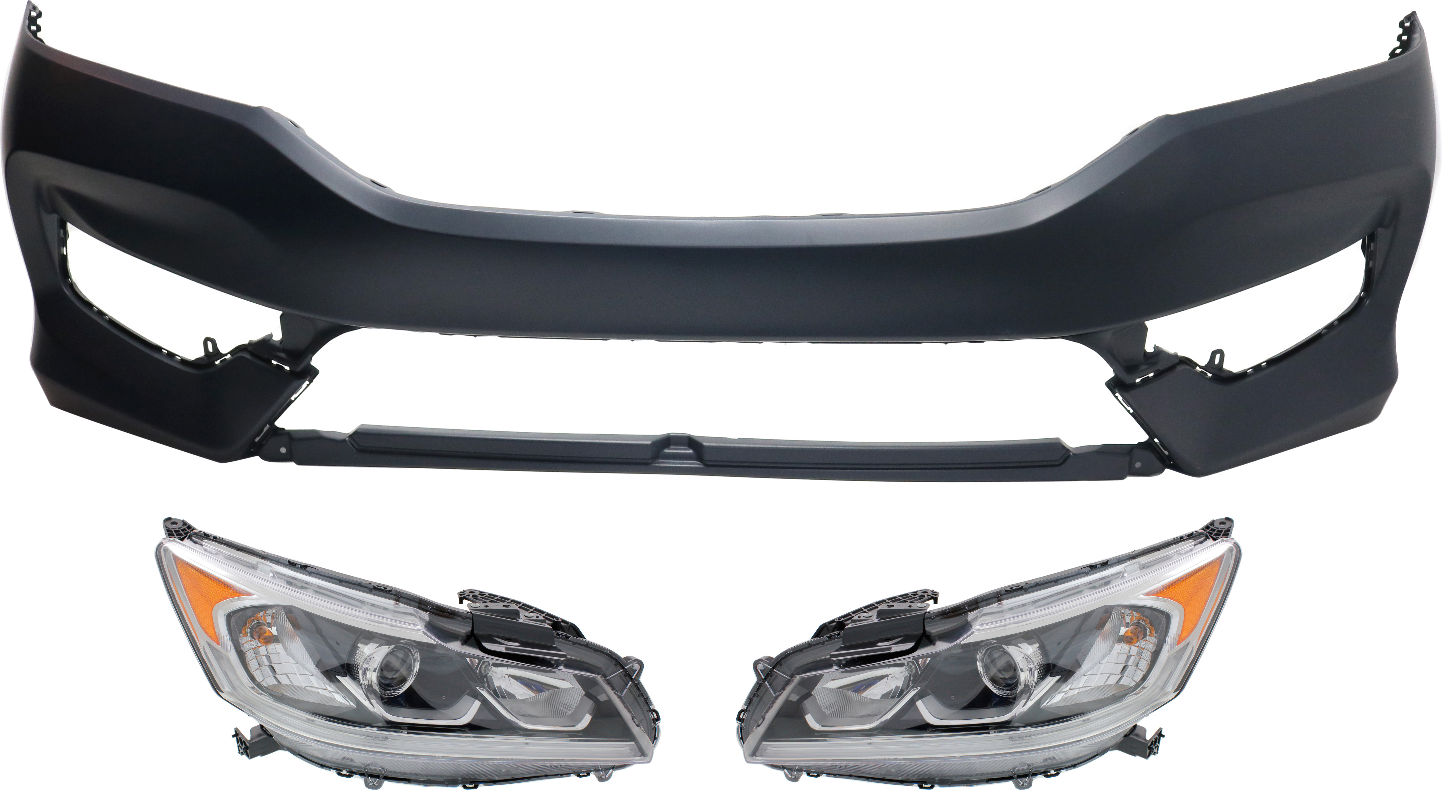 AM ACCORD 16-17 HEAD LAMP RH AND LH Assembly Halogen 3 pc Kit w LED DRL with Bumper Cover SKU KIT 030418-54 Partslink HO2502169 HO2503169 HO1000302 OEM 33100T2AA82-33150T2AA82-71101T