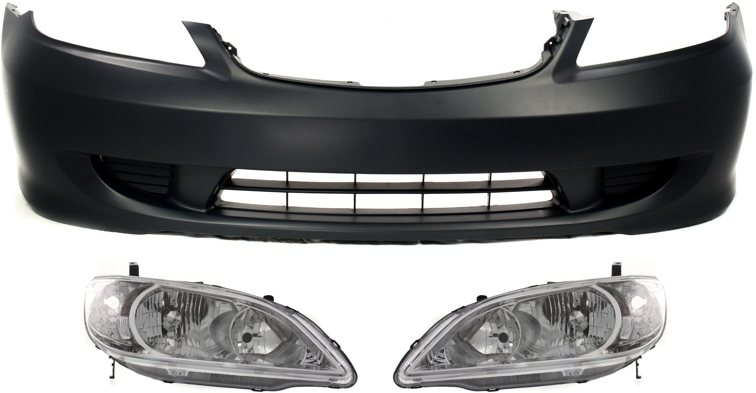 AM CIVIC 04-05 HEAD LAMP RH AND LH Lens and Housing Halogen 3 pc Kit with Bumper Cover SKU KIT 030418-68 Partslink HO2503121 HO2502121 HO1000216 OEM 33101S5AA51-33151S5AA51-04711S